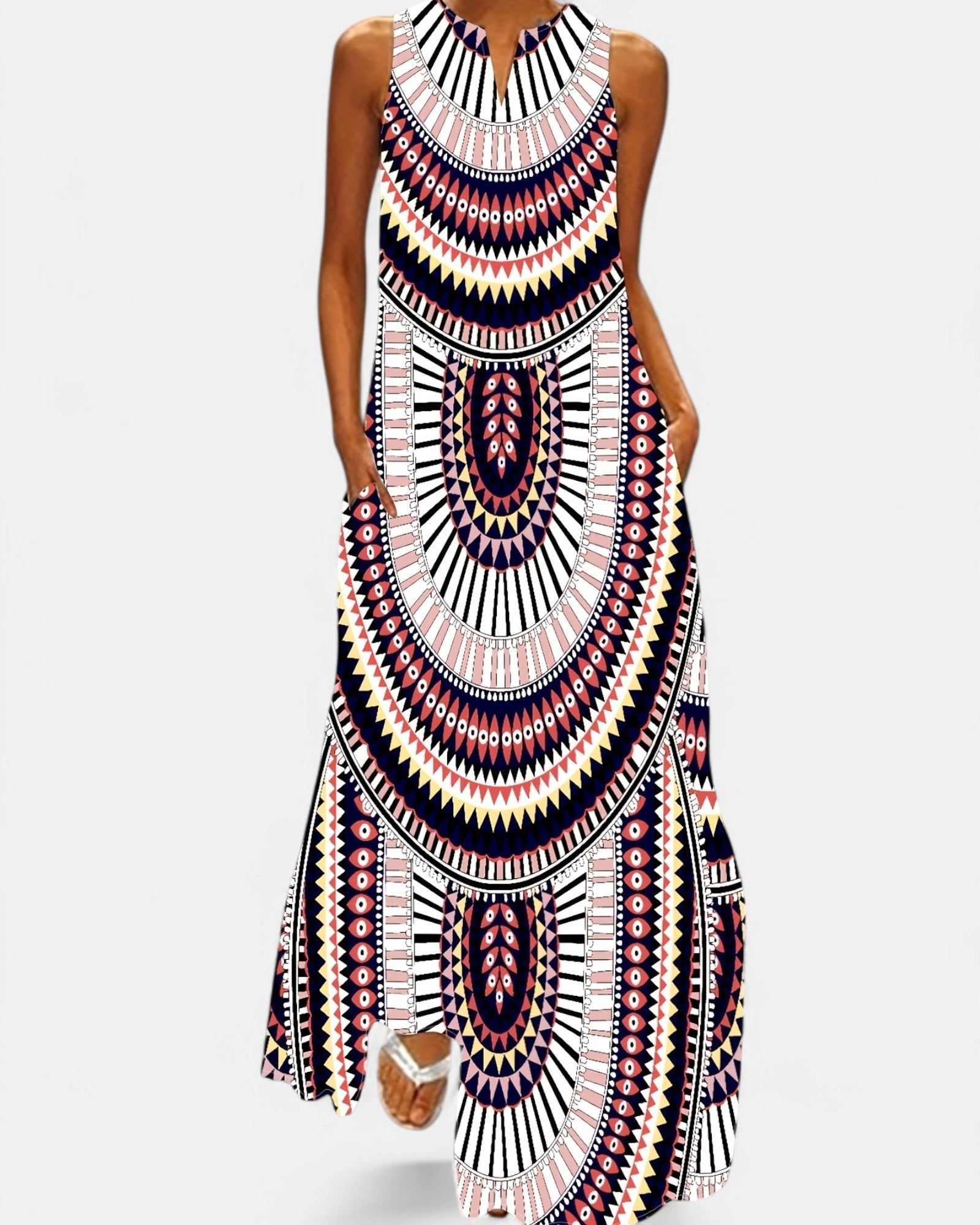 Ella – Boho Tribal Print Maxi Dress with Pockets - Boho Style - Black and Red - S -
