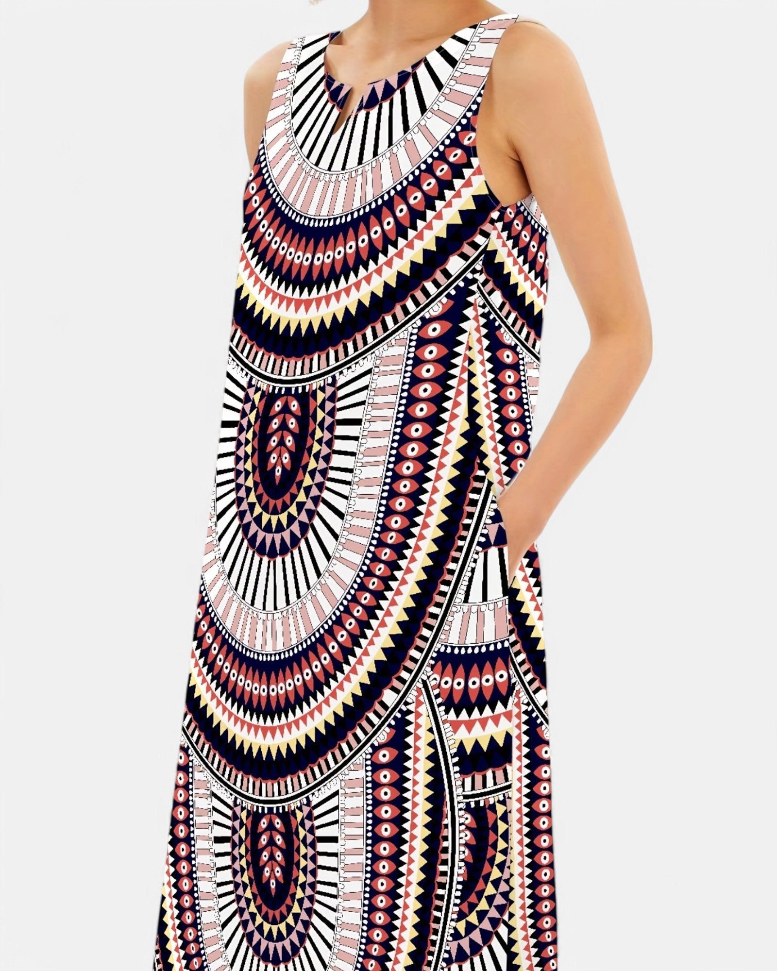 Ella – Boho Tribal Print Maxi Dress with Pockets - Boho Style - Black and Red - S -