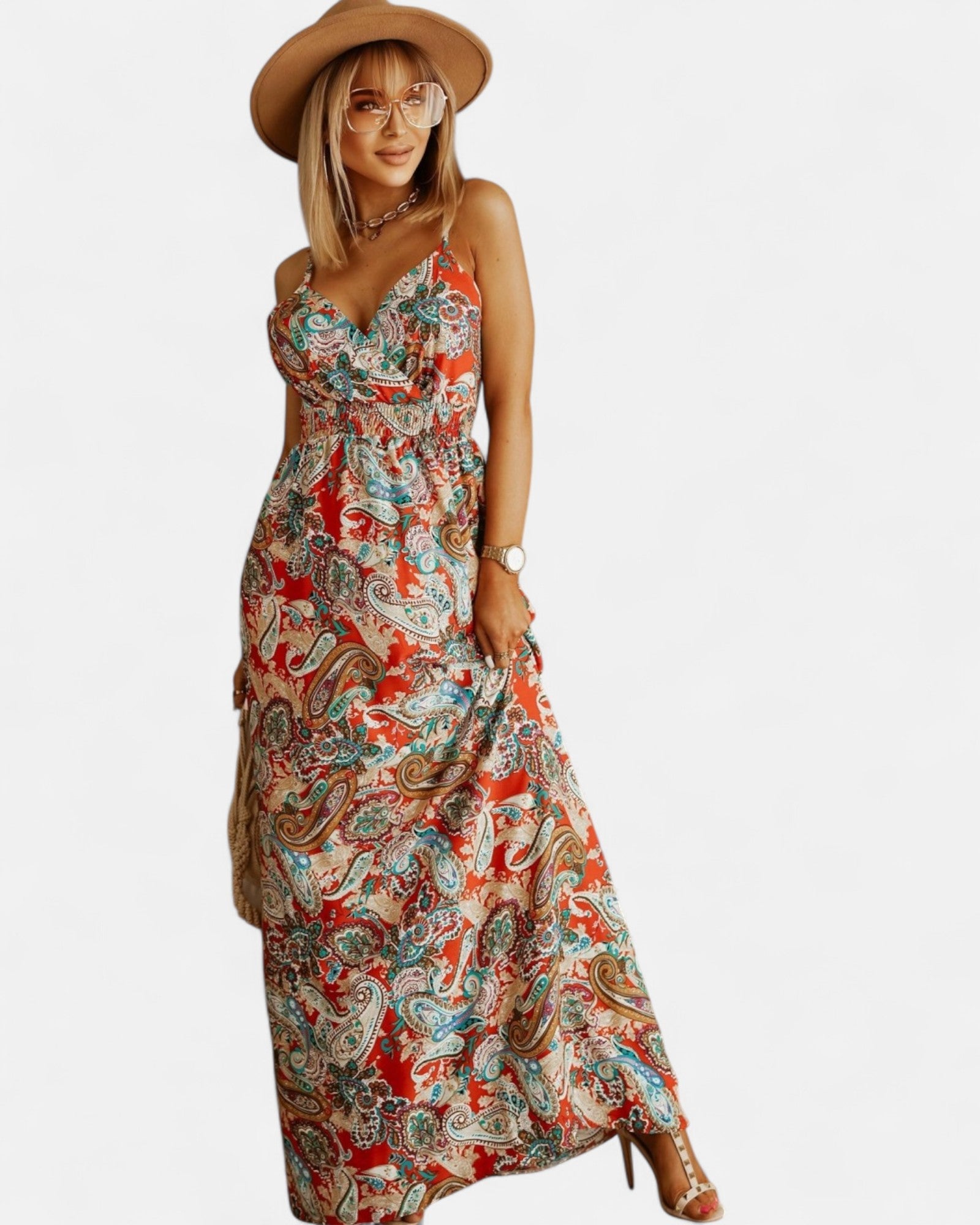Ember – V - neck Sleeveless Boho Maxi Dress with Suspenders - Dress - Boho Style