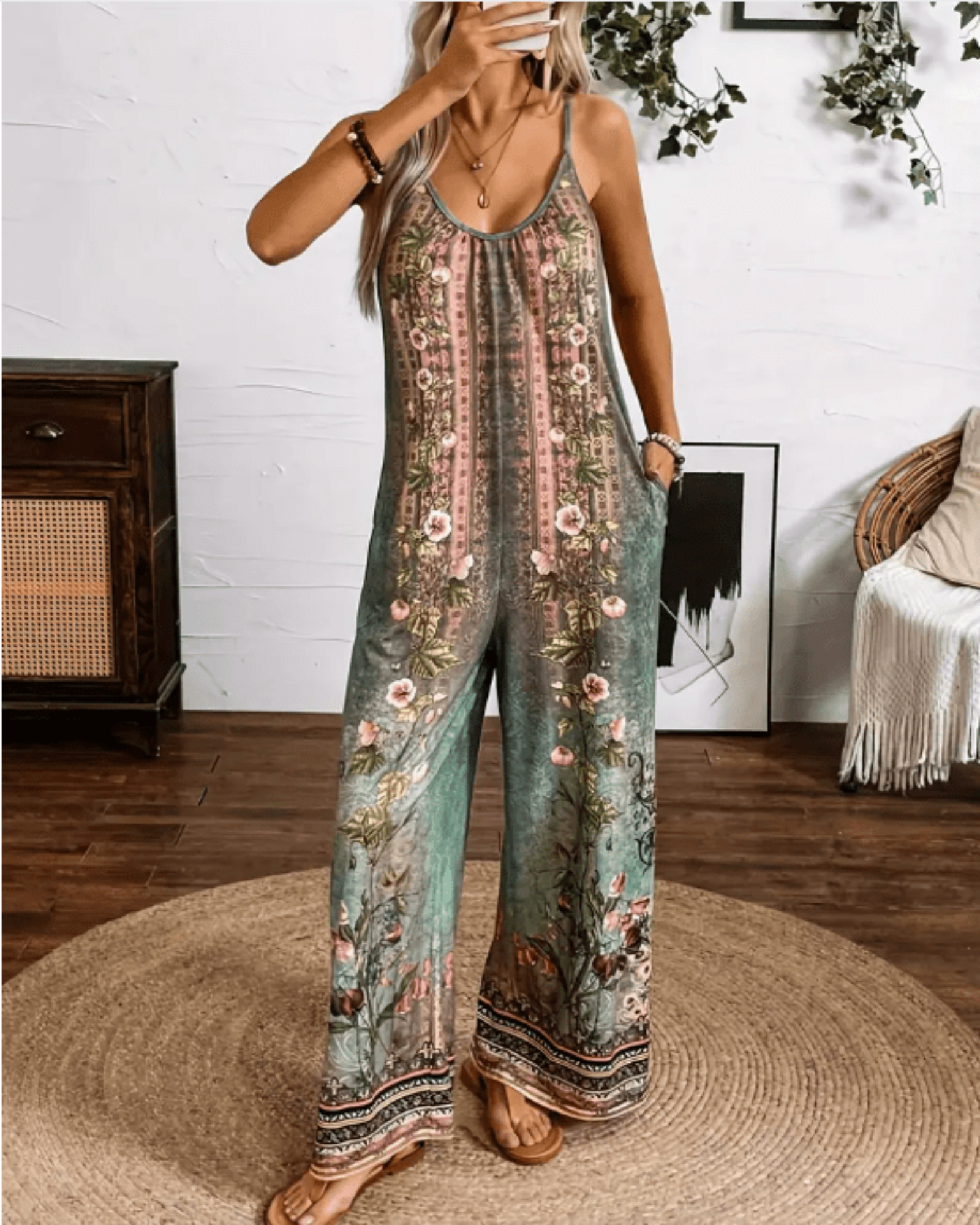 Emily – Boho Floral Cami Jumpsuit with Wide Legs & Pockets - Jumpsuit - Boho Style