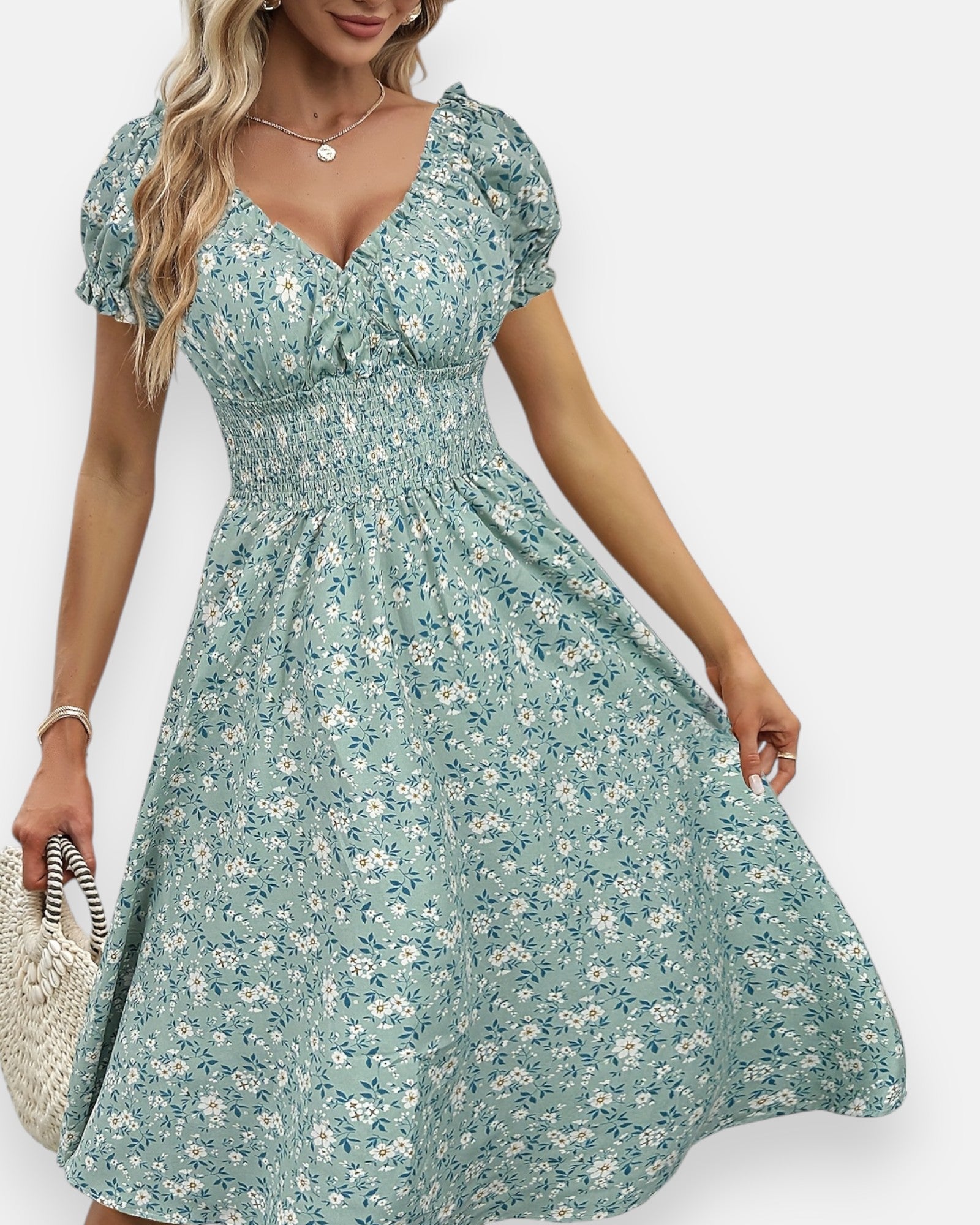 Emily – Boho Floral V - Neck Midi Dress - Boho Style - Sage Green - UK 8 -