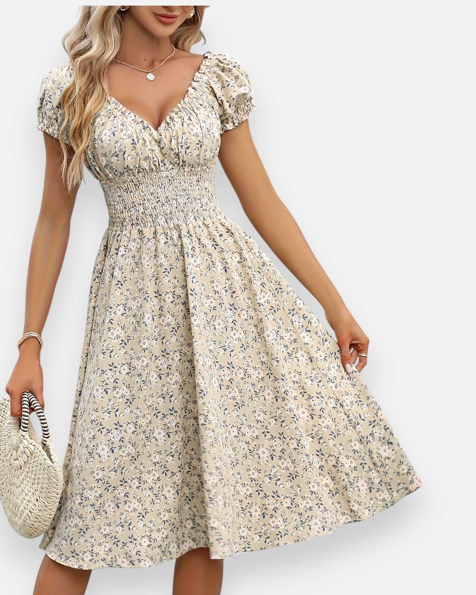 Emily – Boho Floral V - Neck Midi Dress - Boho Style - Champagne Floral - UK 8 -