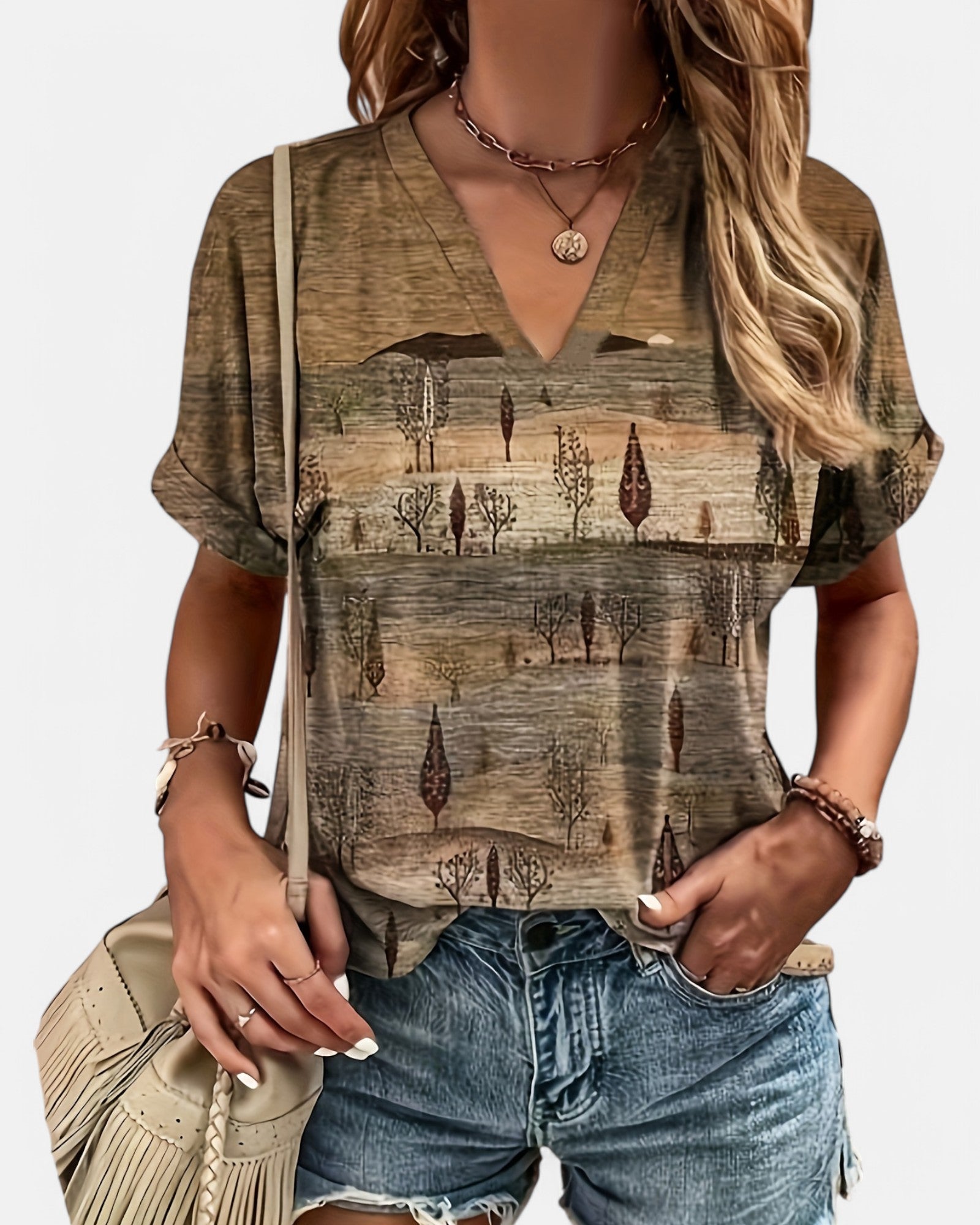 Emily – Boho V - Neck T-Shirt with Ethnic Print - Blouse - Boho Style