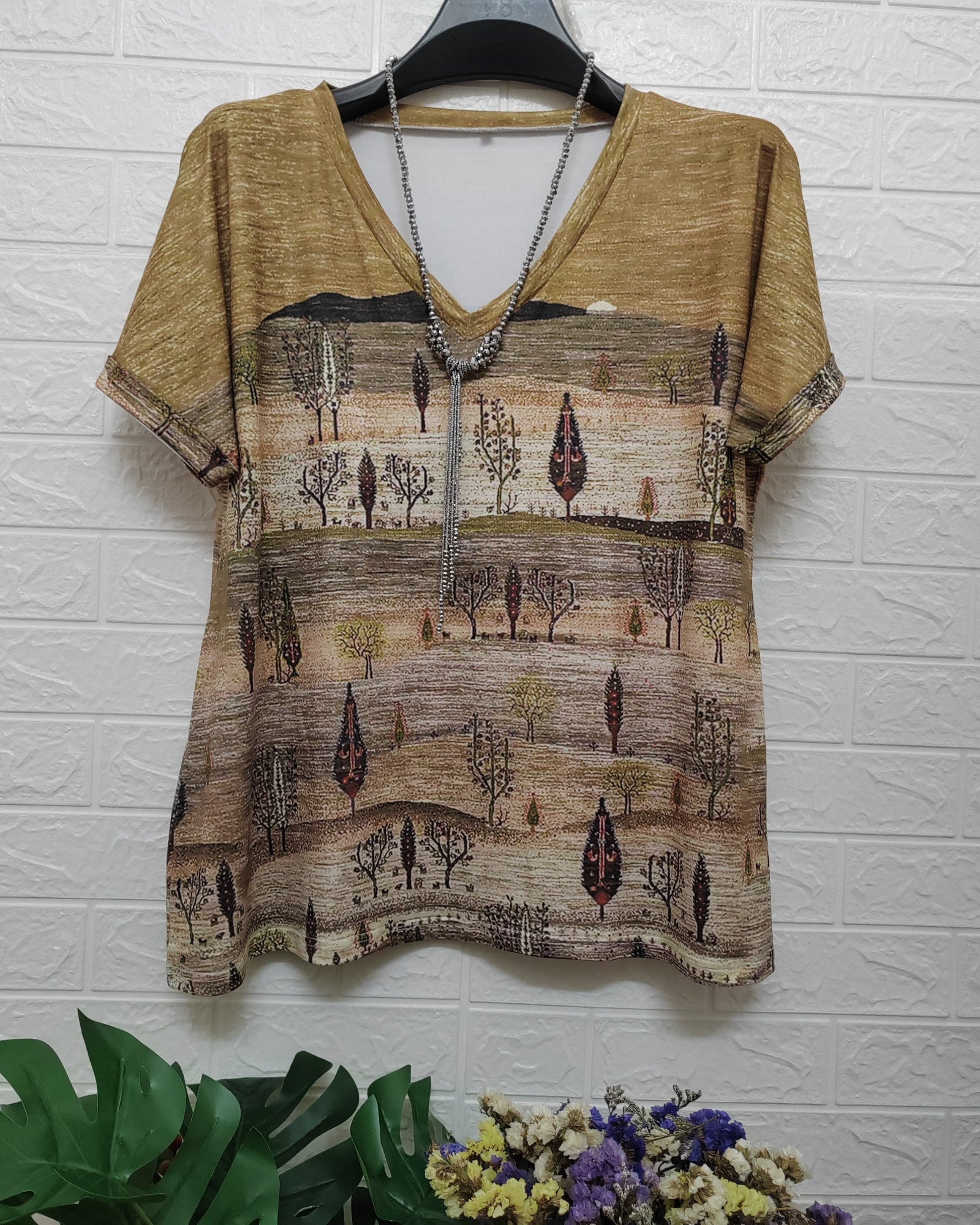 Emily – Boho V - Neck T-Shirt with Ethnic Print - Blouse - Boho Style