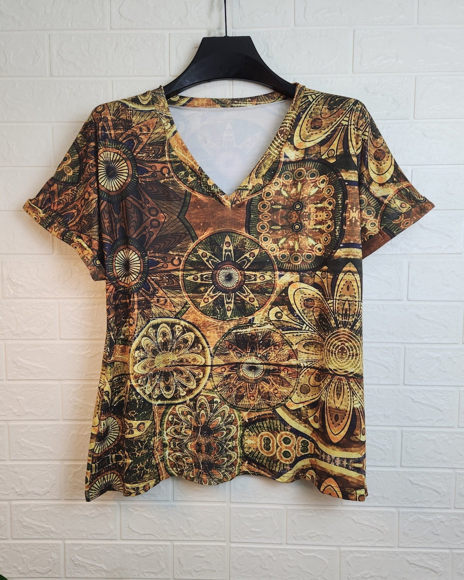 Emily – Boho V - Neck T-Shirt with Ethnic Print - Blouse - Boho Style