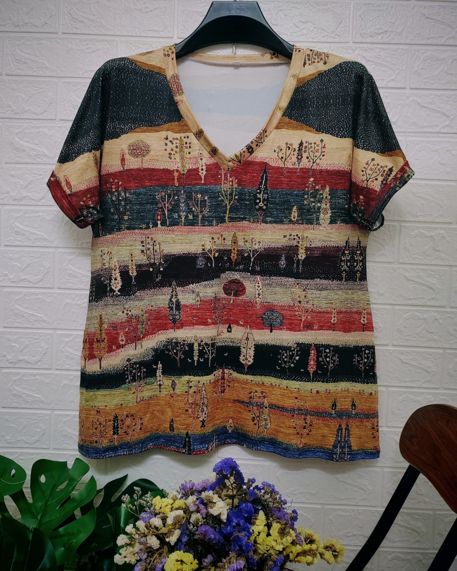 Emily – Boho V - Neck T-Shirt with Ethnic Print - Blouse - Boho Style