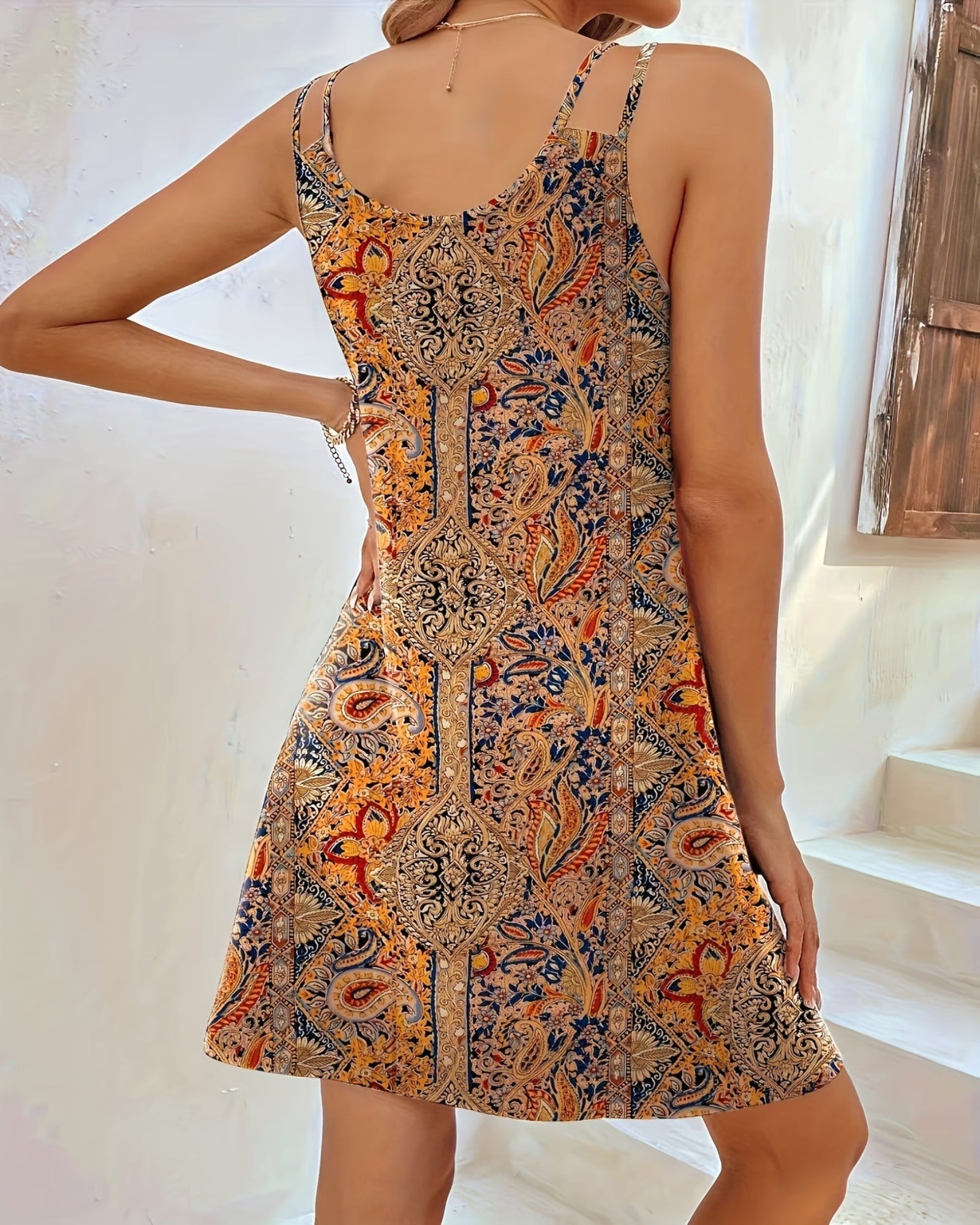 Emily – Lightweight Floral Bohemian V - Neck Dress - Boho Style - Brown - S -