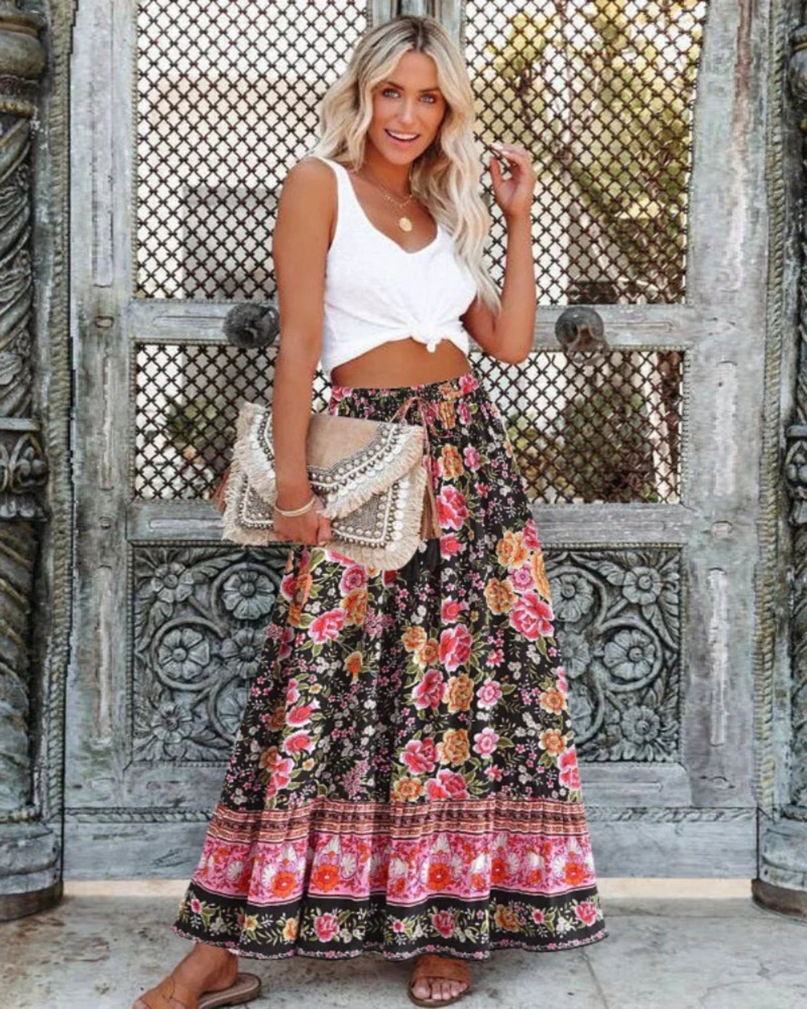 Emma – Bohemian High - Waisted Black Floral Maxi Skirt - Skirt - Boho Style