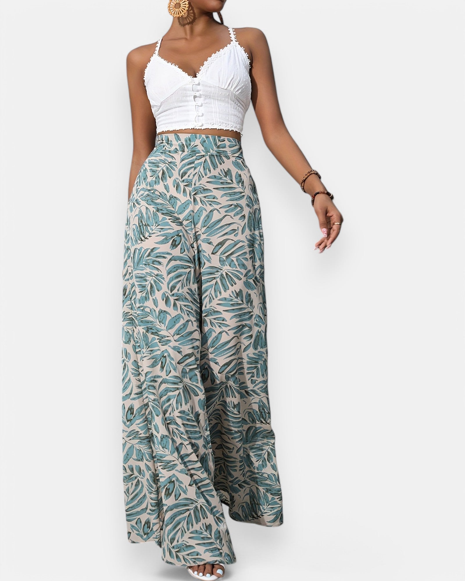 Emma – Boho Floral Print Wide Leg Palazzo - Boho Style - Sage Green - S -
