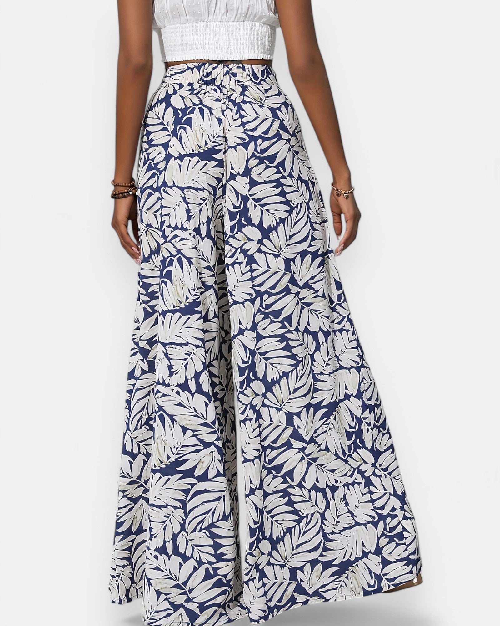Emma – Boho Floral Print Wide Leg Palazzo - Boho Style - Blue - S -