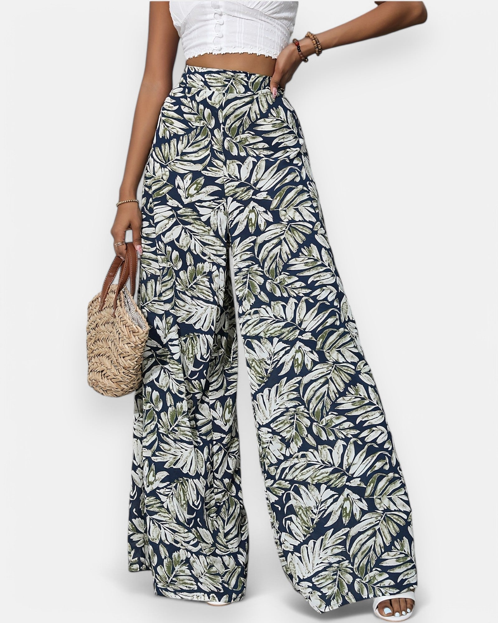 Emma – Boho Floral Print Wide Leg Palazzo - Boho Style - Navy Blue - S -
