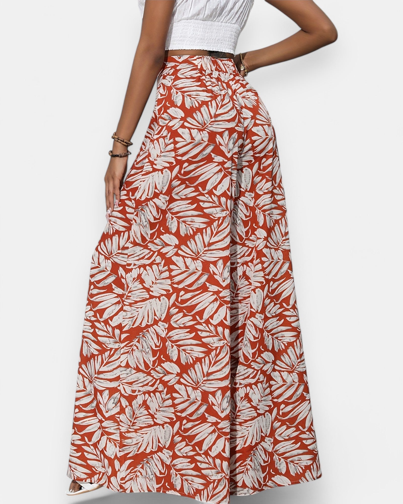 Emma – Boho Floral Print Wide Leg Palazzo - Boho Style - Dark Red - S -