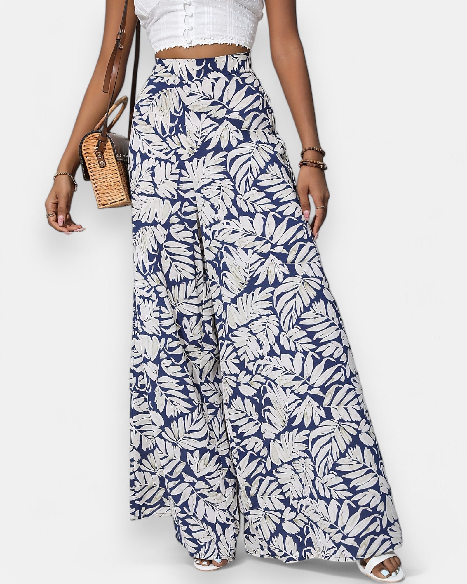 Emma – Boho Floral Print Wide Leg Palazzo - Boho Style - Navy Blue - S -