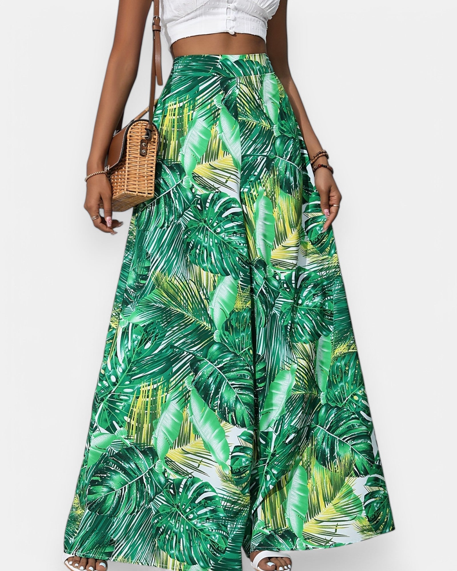 Emma – Boho Floral Print Wide Leg Palazzo - Boho Style - Emerald Green - S -