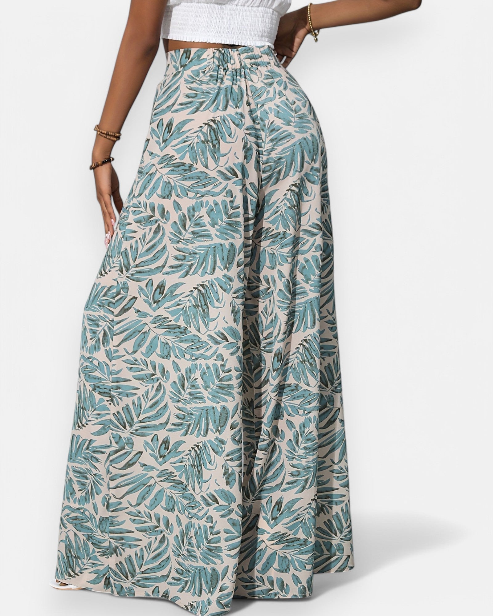Emma – Boho Floral Print Wide Leg Palazzo - Boho Style - Blue - S -