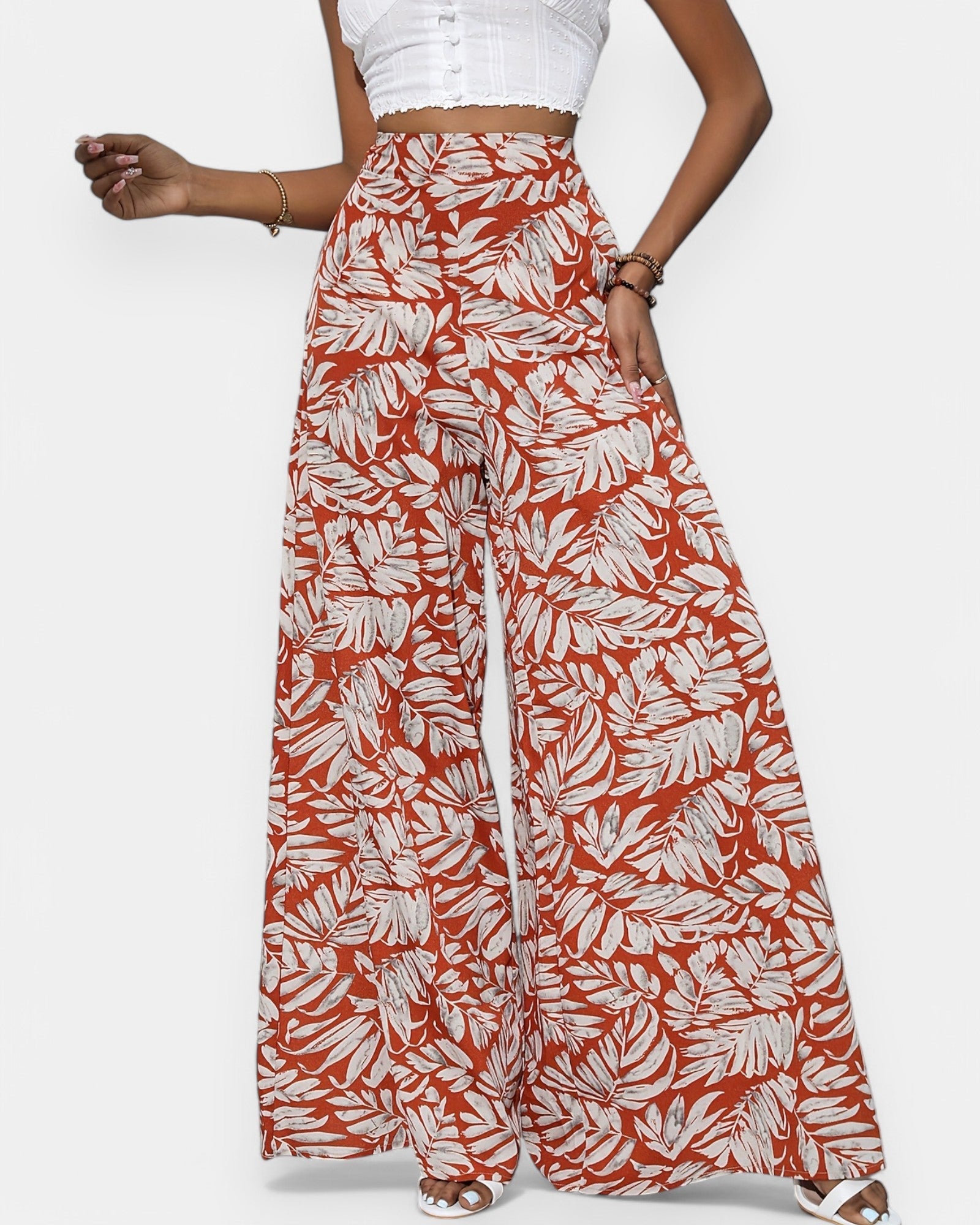 Emma – Boho Floral Print Wide Leg Palazzo - Boho Style - Red - S -