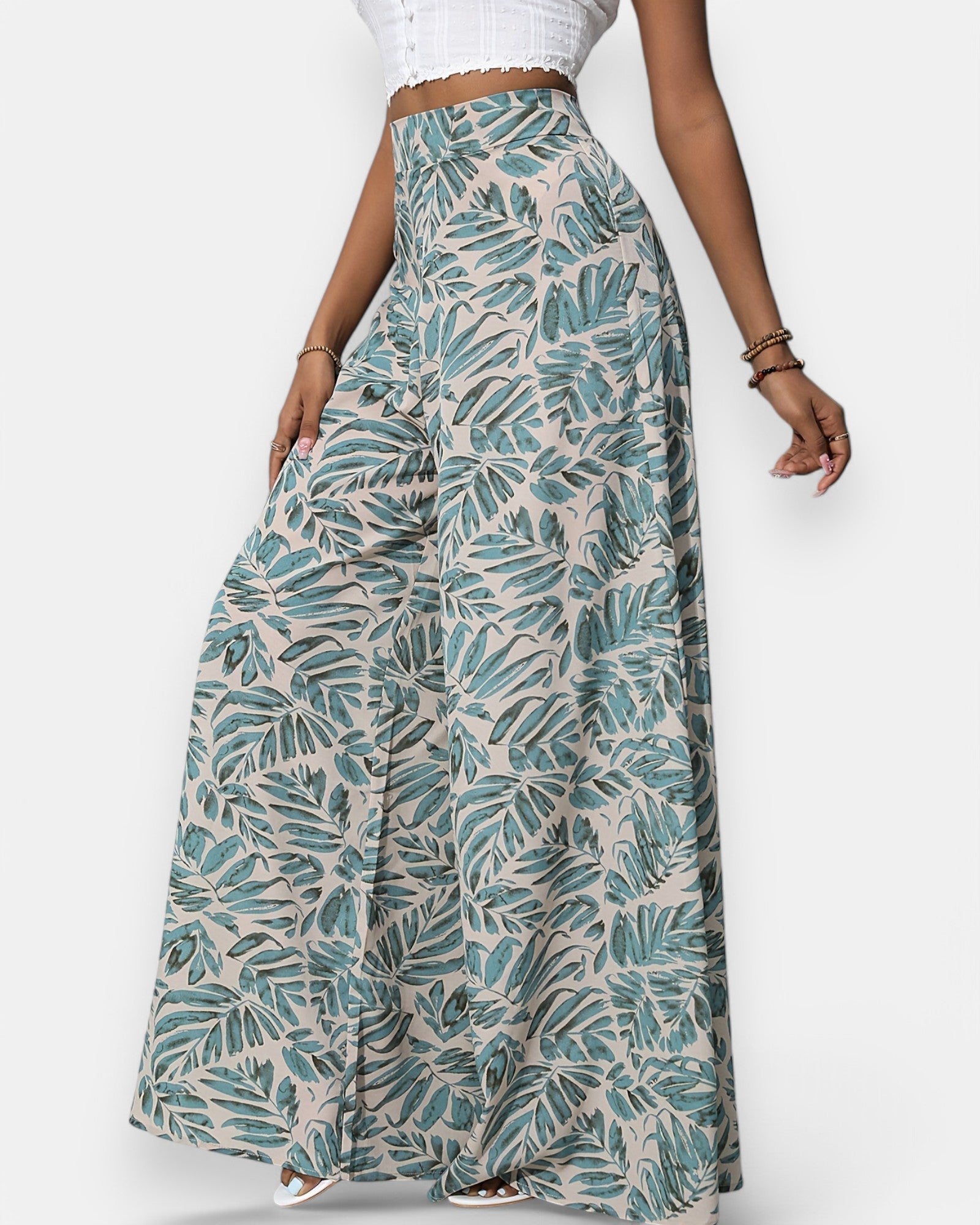 Emma – Boho Floral Print Wide Leg Palazzo - Boho Style - Navy Blue - S -