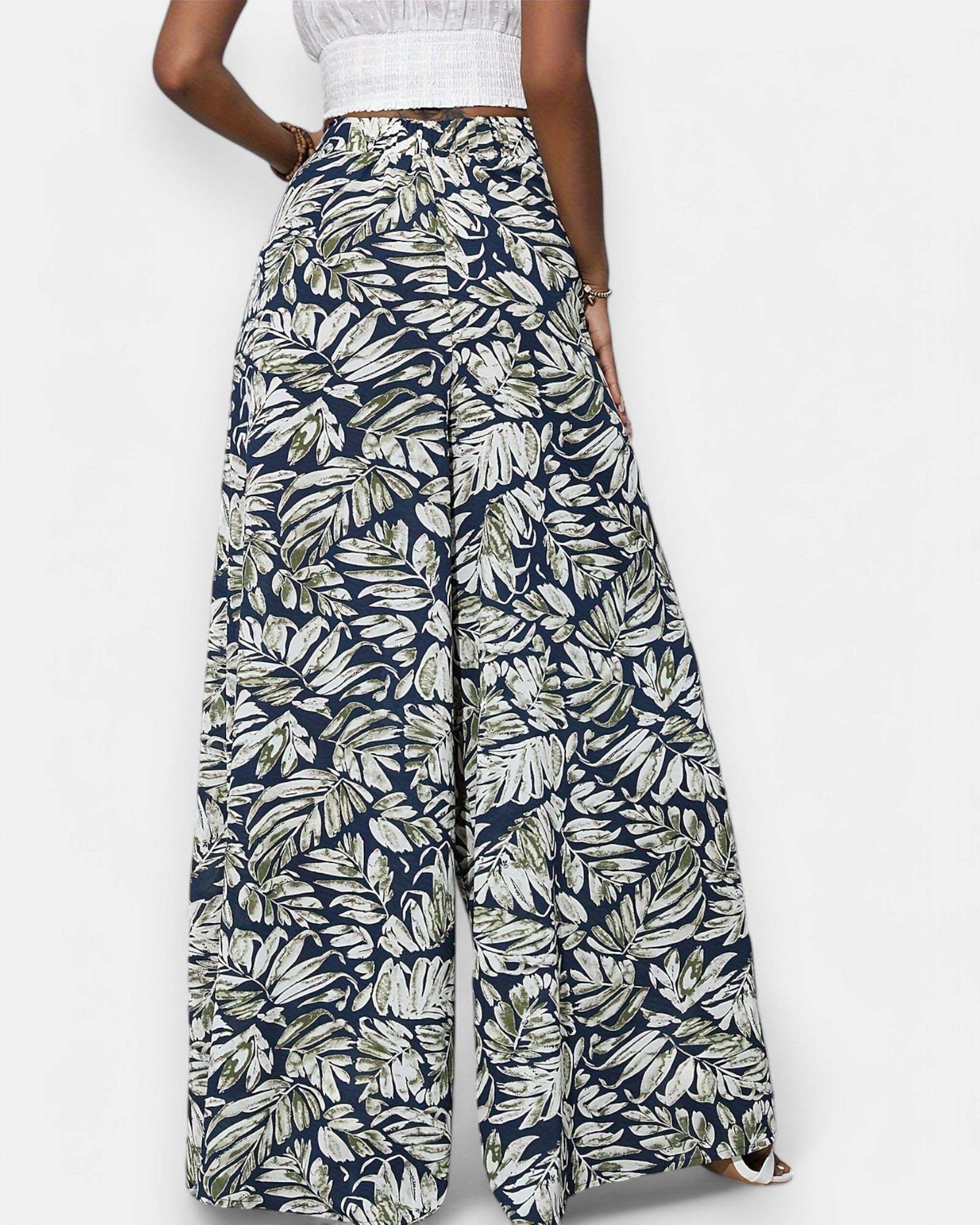 Emma – Boho Floral Print Wide Leg Palazzo - Boho Style - Emerald Green - S -