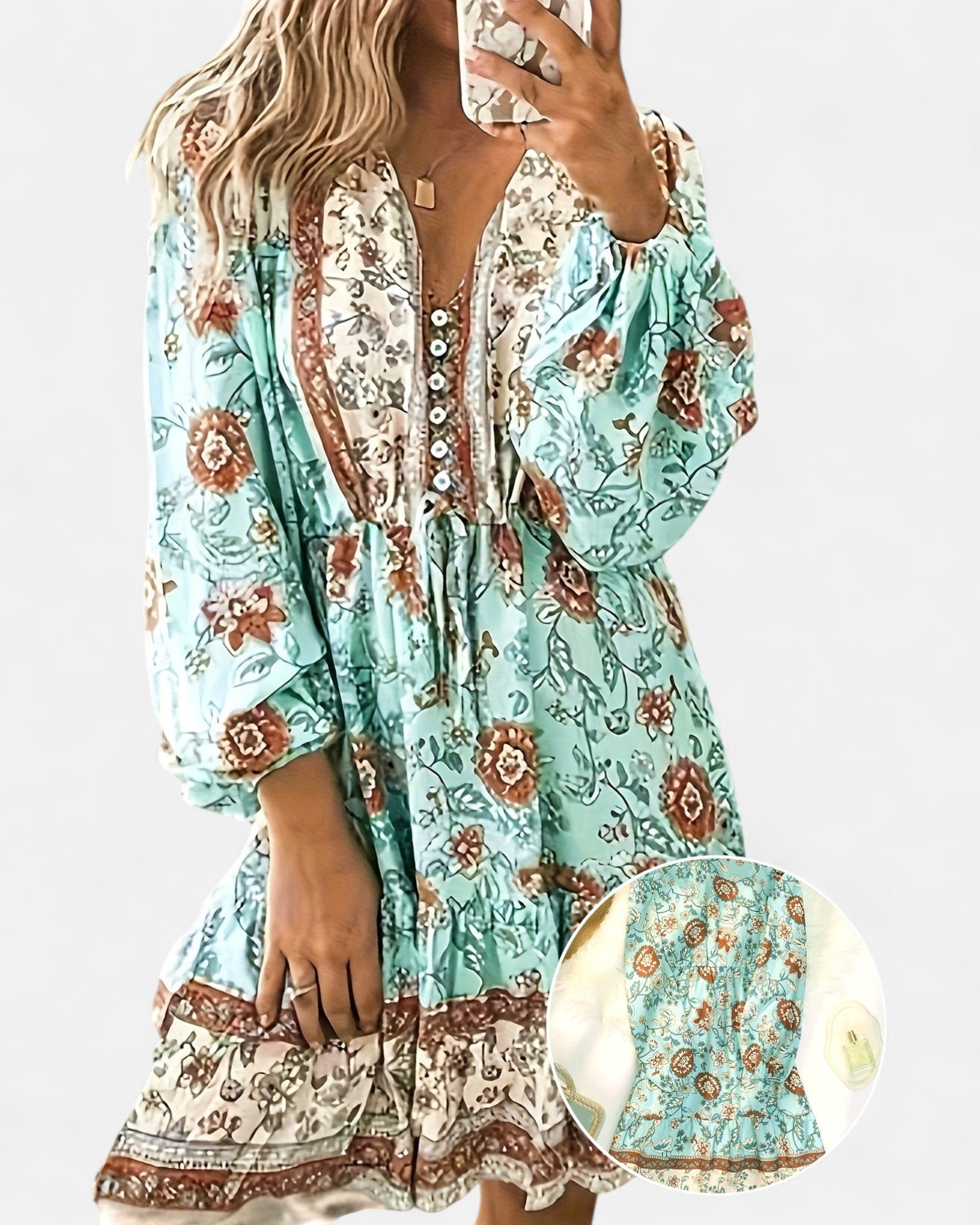 Emma – Boho Floral V - Neck Dress - Boho Style - Light Blue - S -