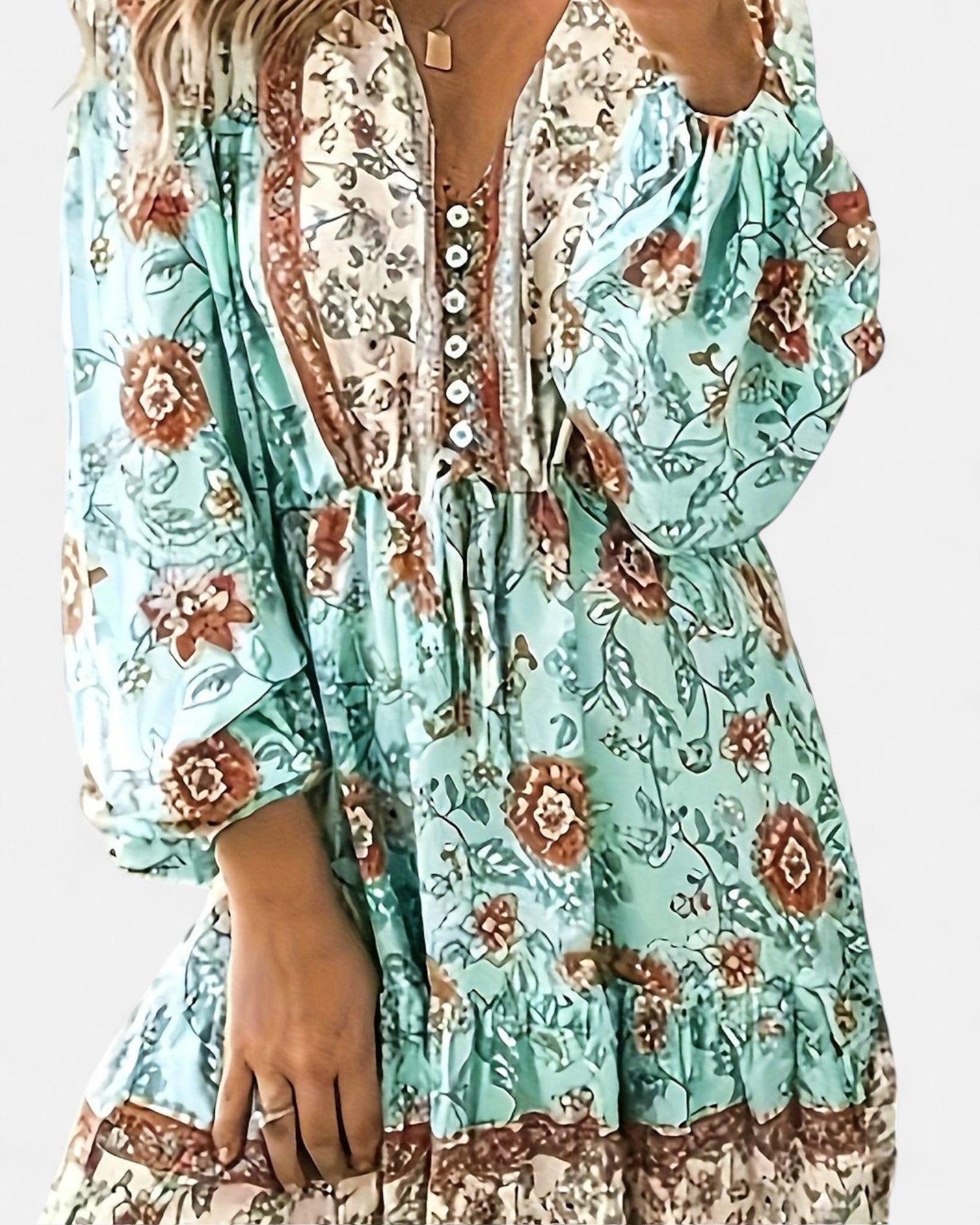 Emma – Boho Floral V - Neck Dress - Boho Style - Light Blue - S -
