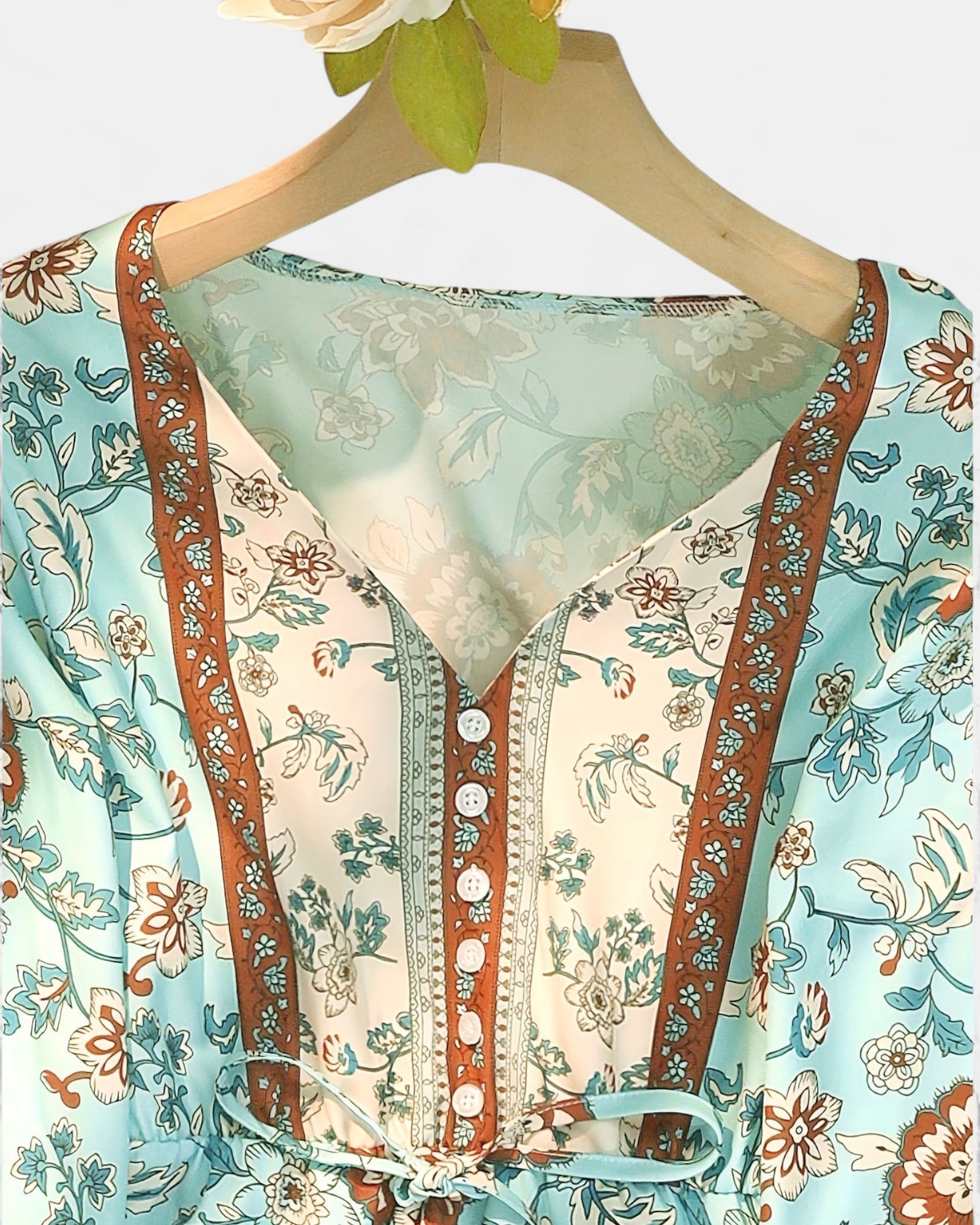 Emma – Boho Floral V - Neck Dress - Boho Style - Light Blue - S -