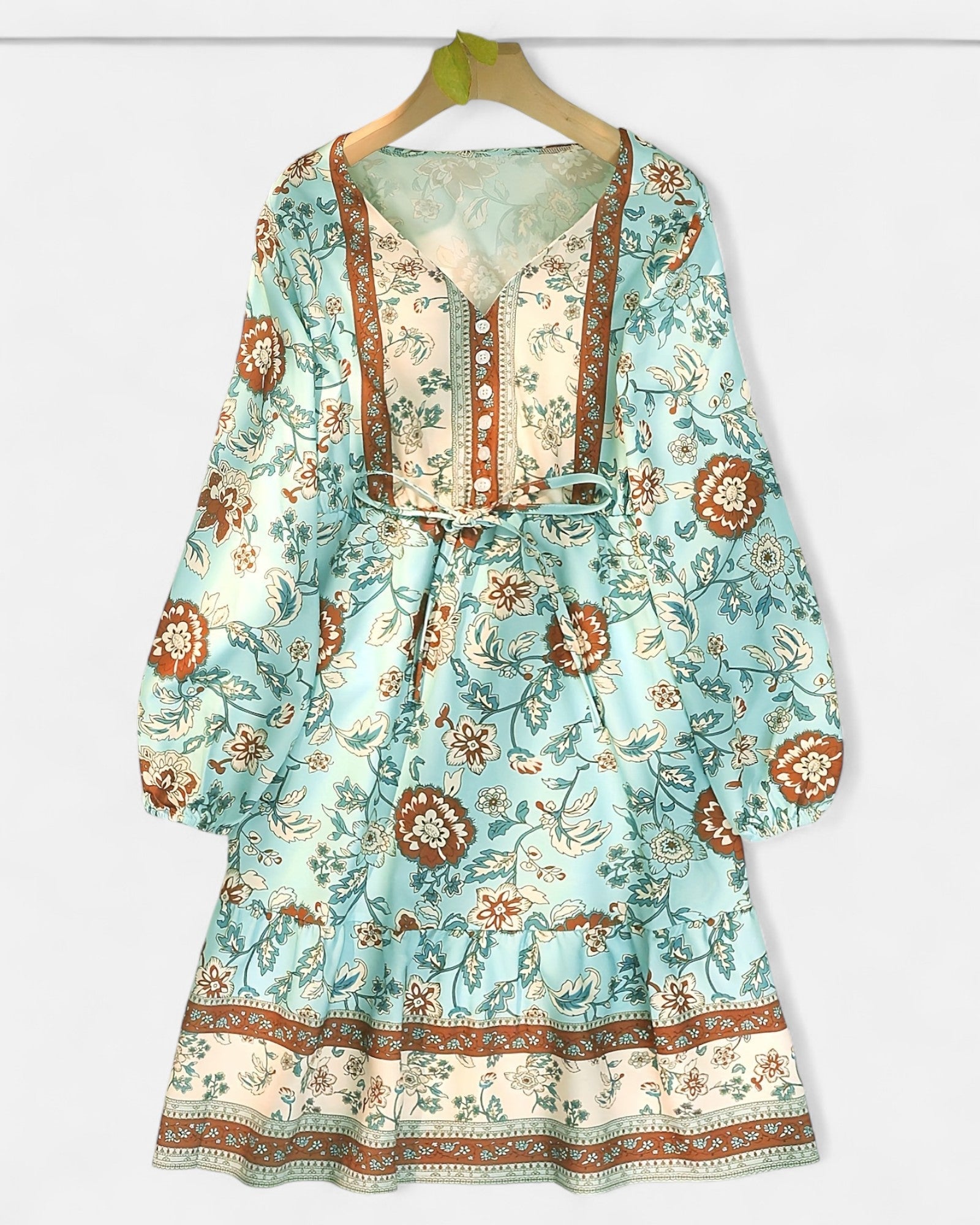 Emma – Boho Floral V - Neck Dress - Boho Style - Light Blue - S -