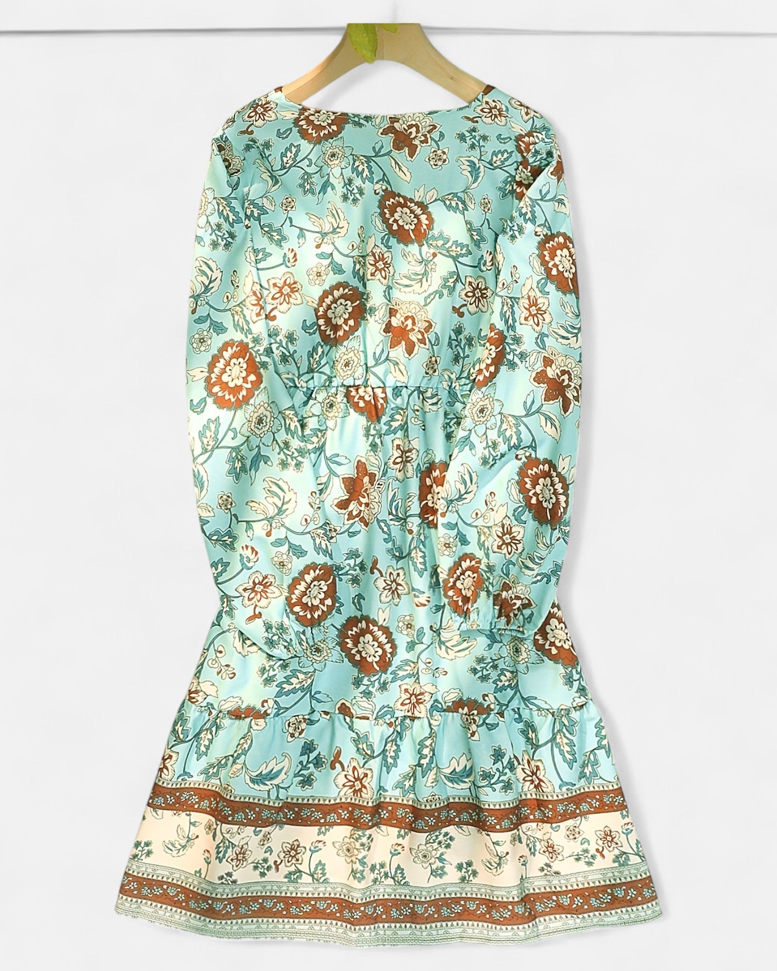 Emma – Boho Floral V - Neck Dress - Boho Style - Light Blue - S -
