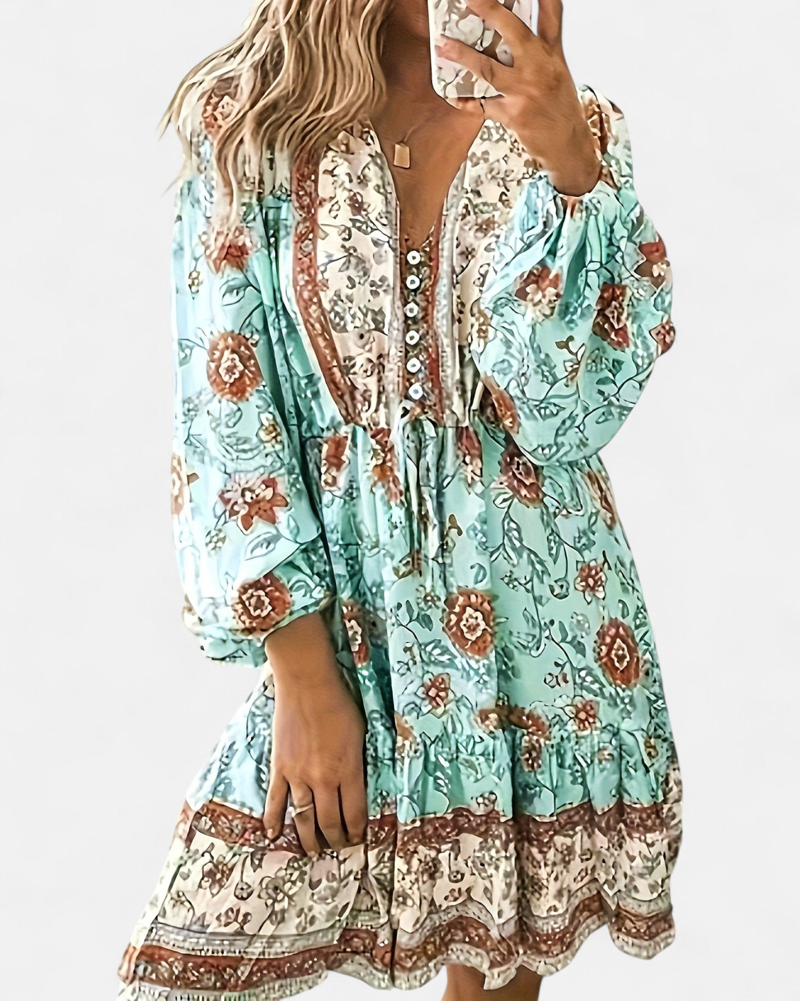 Emma – Boho Floral V - Neck Dress - Boho Style - Light Blue - S -