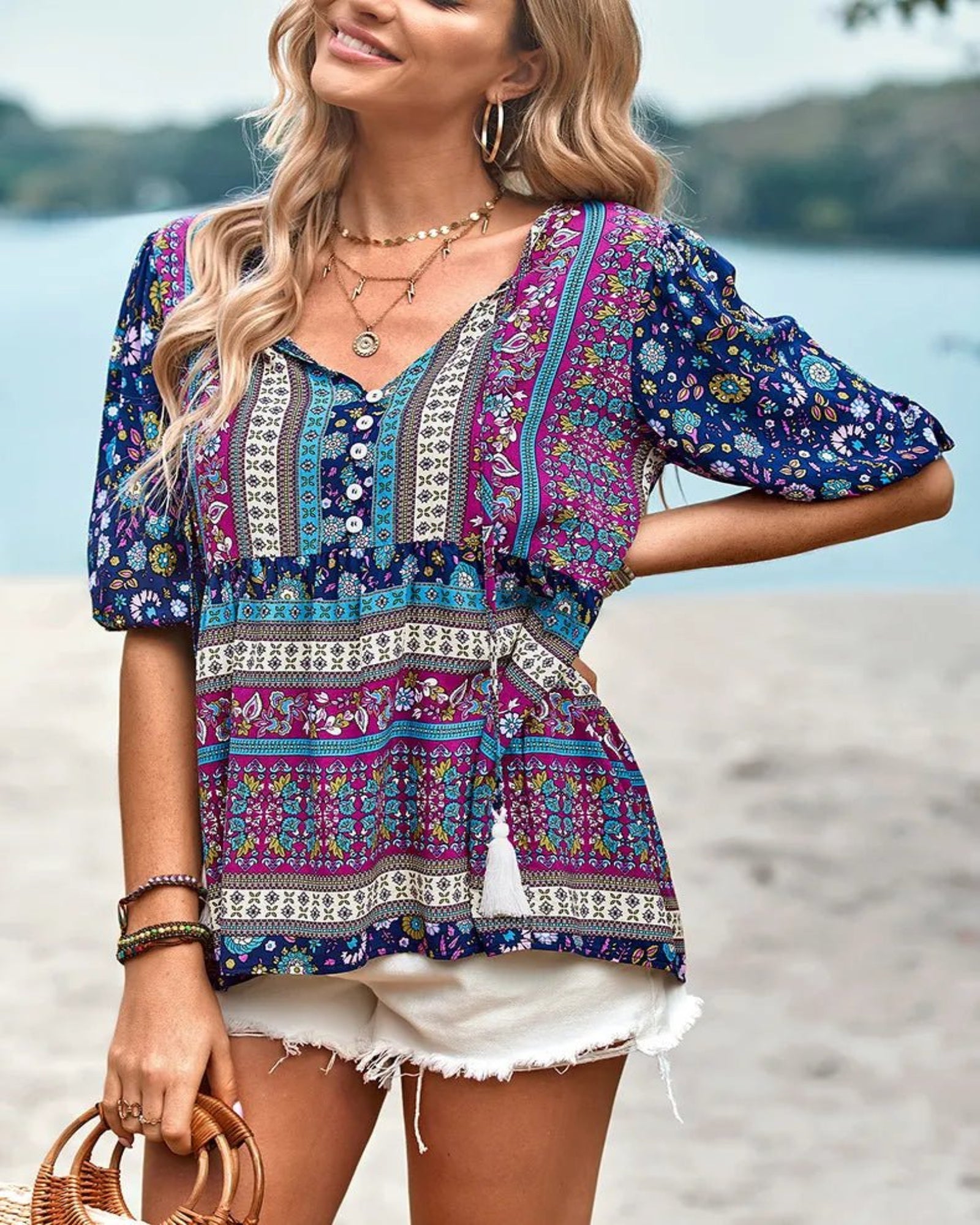 Emma – Effortless Boho V - Neck T-Shirt - T-shirt - Boho Style