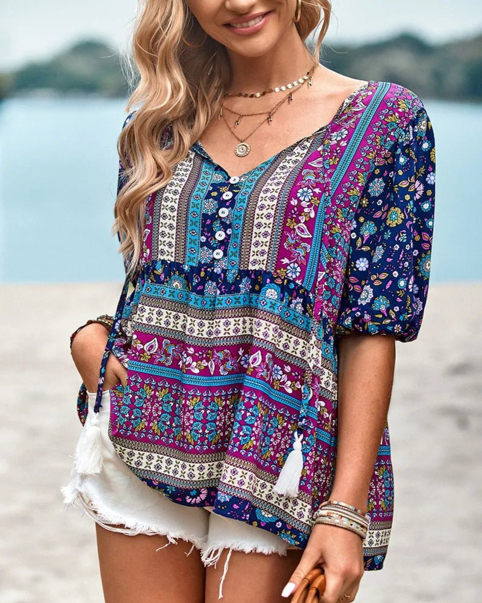 Emma – Effortless Boho V - Neck T-Shirt - T-shirt - Boho Style