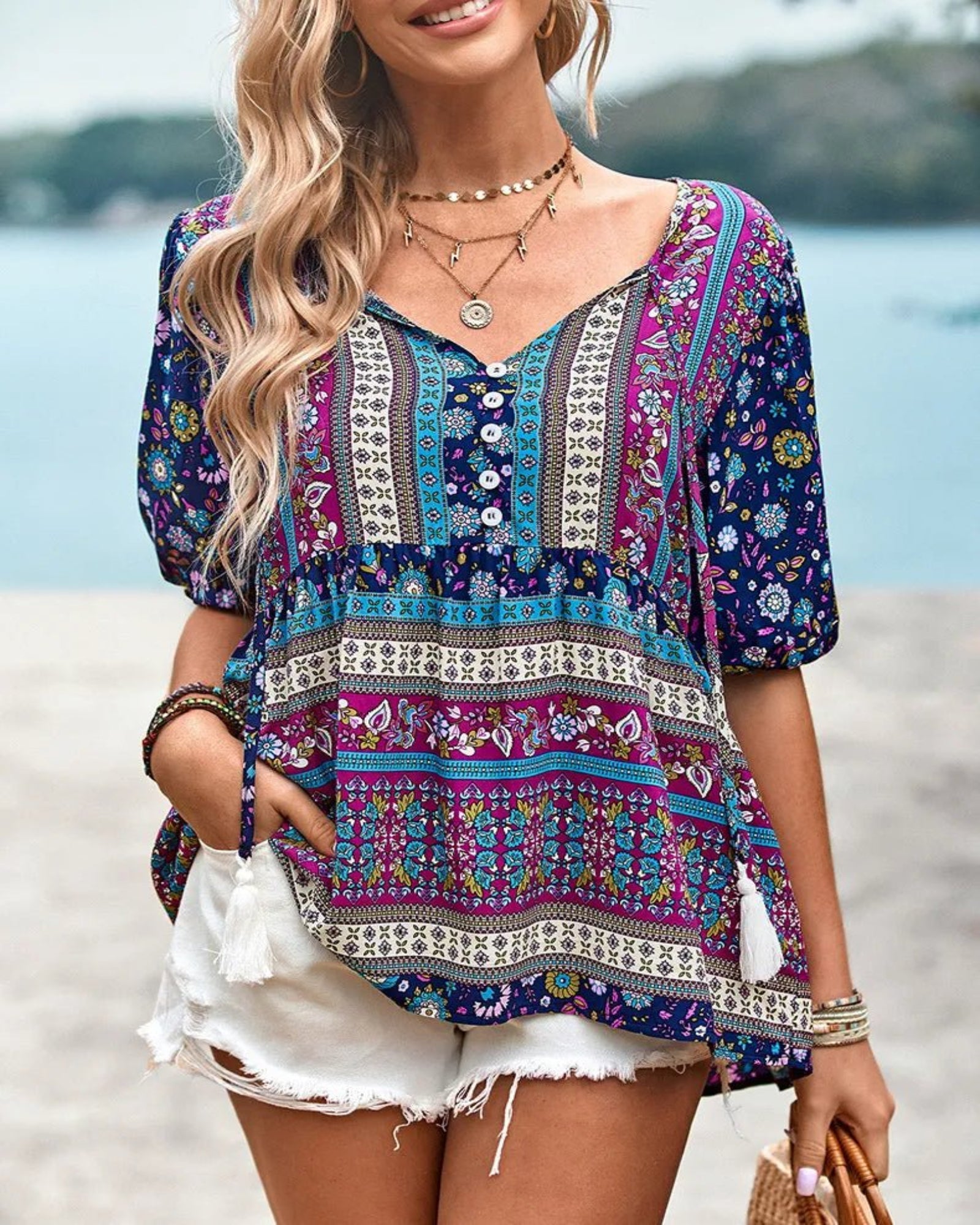 Emma – Effortless Boho V - Neck T-Shirt - T-shirt - Boho Style