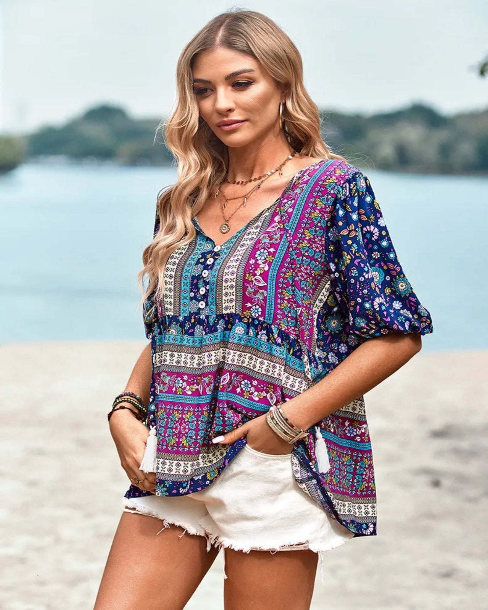 Emma – Effortless Boho V - Neck T-Shirt - T-shirt - Boho Style