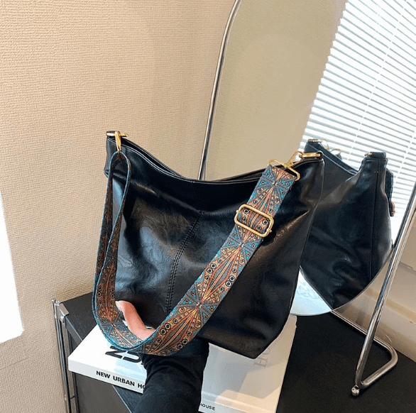 Ethel – Bohemian Crossbody Bag with Vintage Wide Strap - Boho Style - Black -