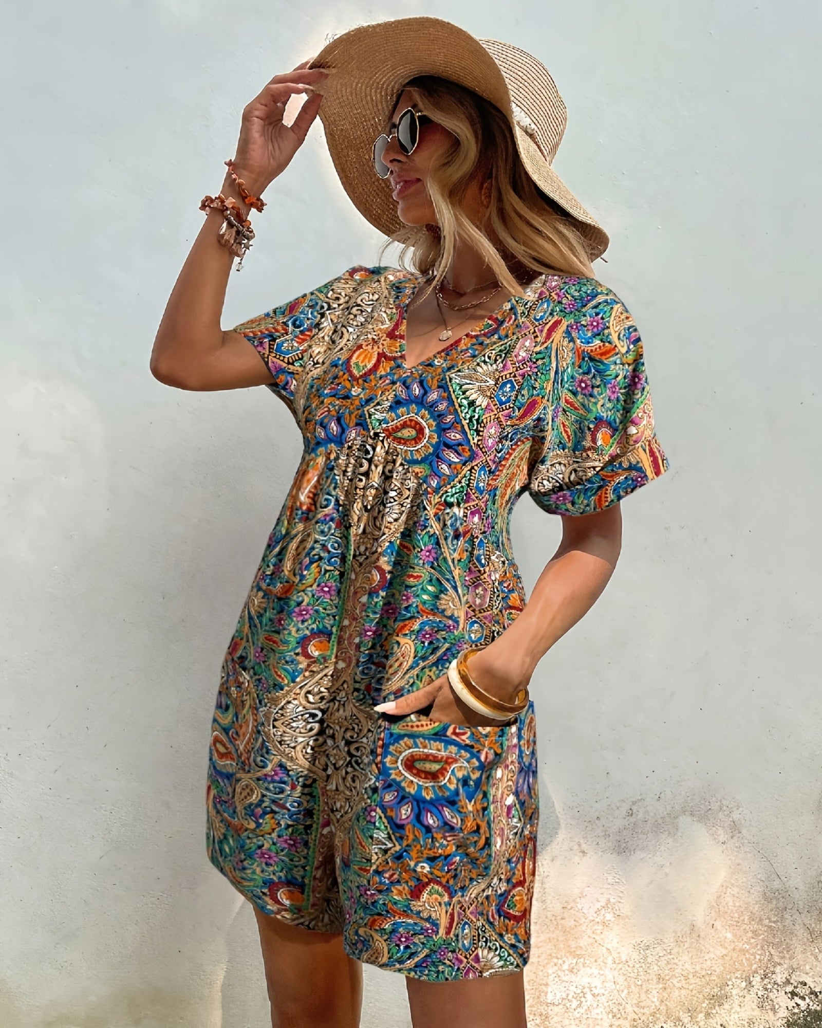 Evania – Boho V - Neck Floral Jumpsuit with Pockets - Jumpsuit - Boho Style