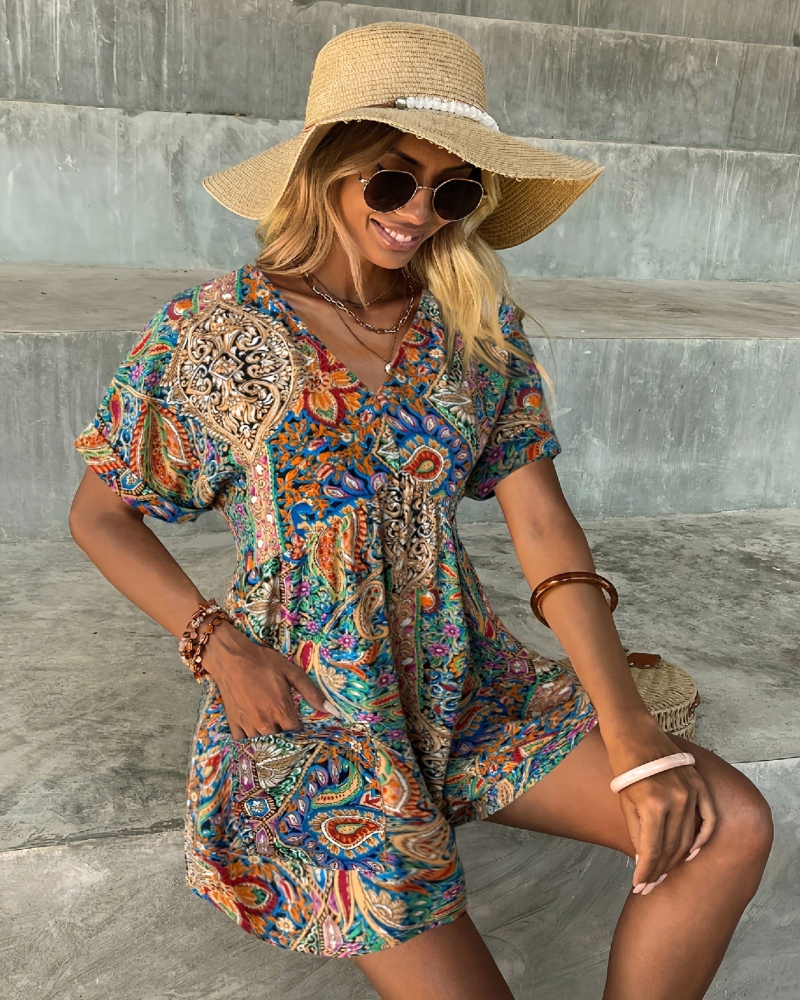 Evania – Boho V - Neck Floral Jumpsuit with Pockets - Jumpsuit - Boho Style