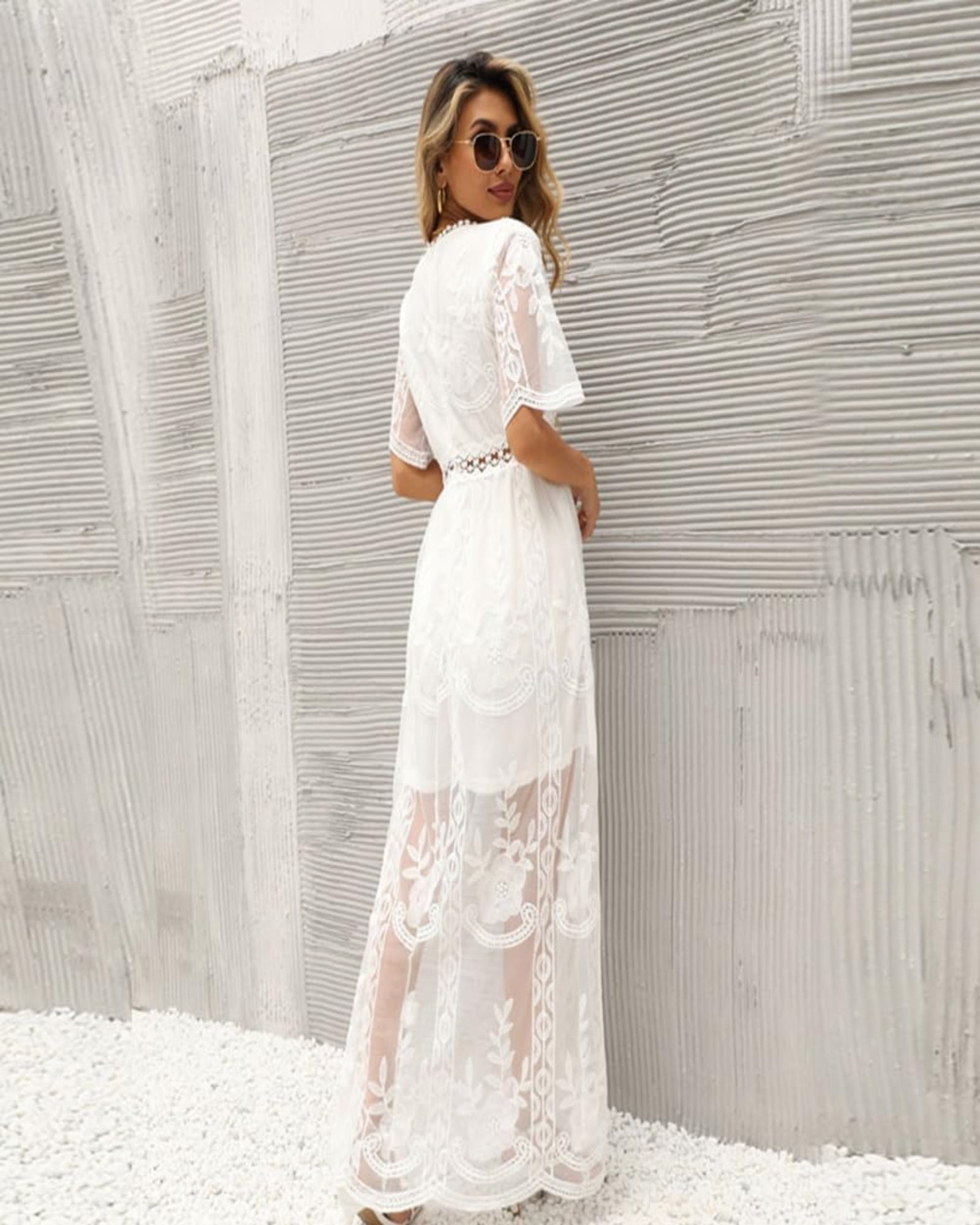 Everly – Boho Chic Deep V - Neck Floral Lace Maxi Dress - Dress - Boho Style