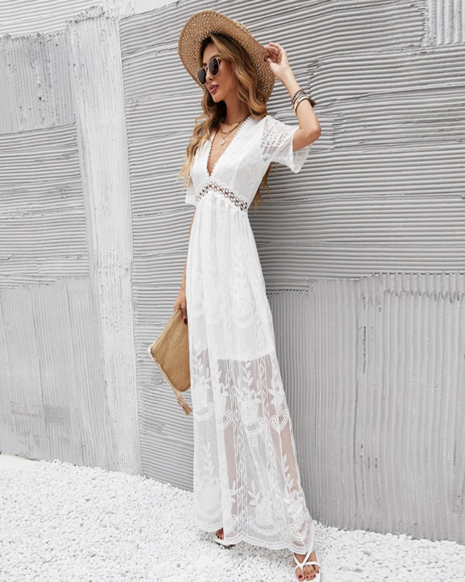 Everly – Boho Chic Deep V - Neck Floral Lace Maxi Dress - Dress - Boho Style