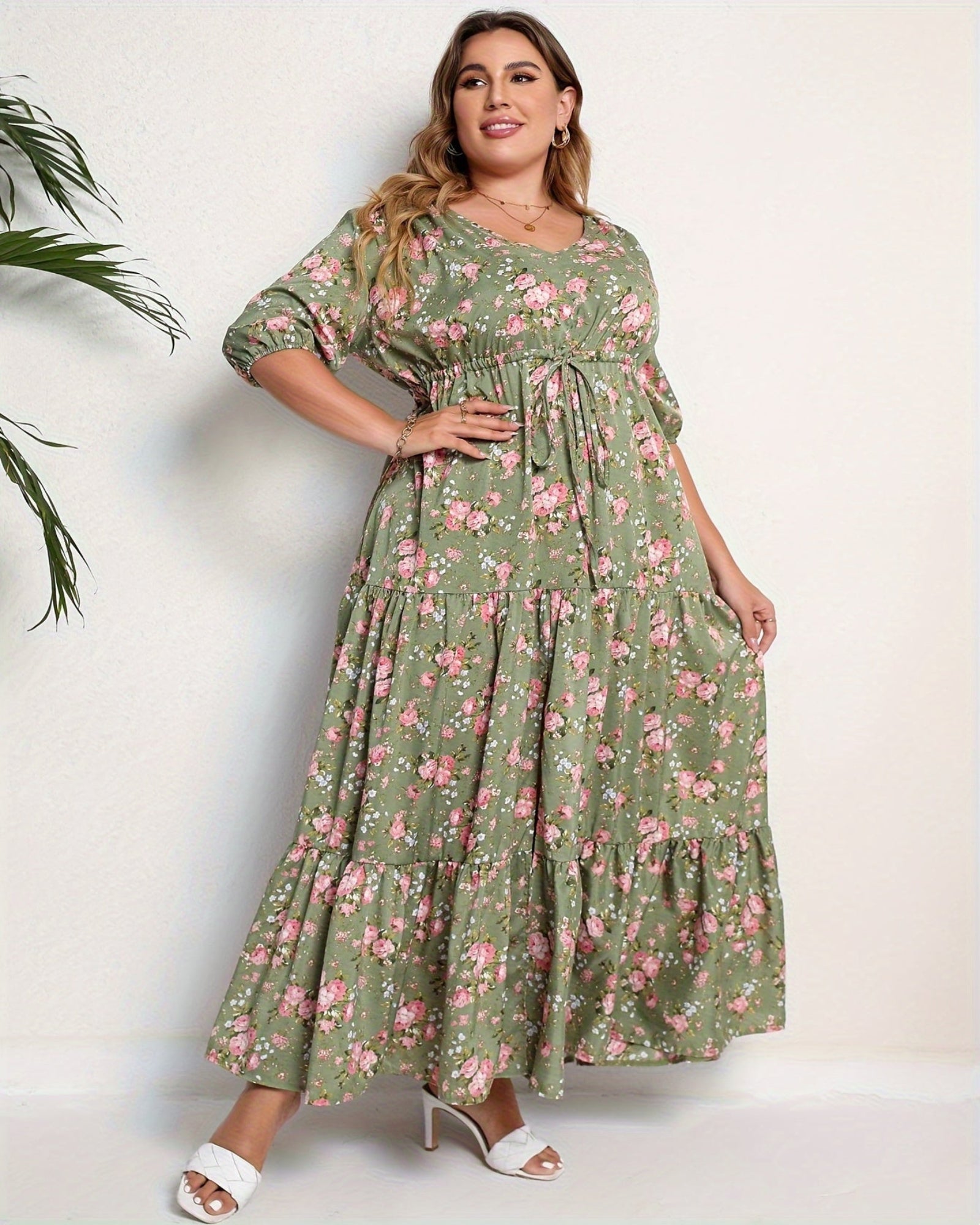 Everly – Plus Size Boho Floral V Neck Tiered Dress - Dress - Boho Style