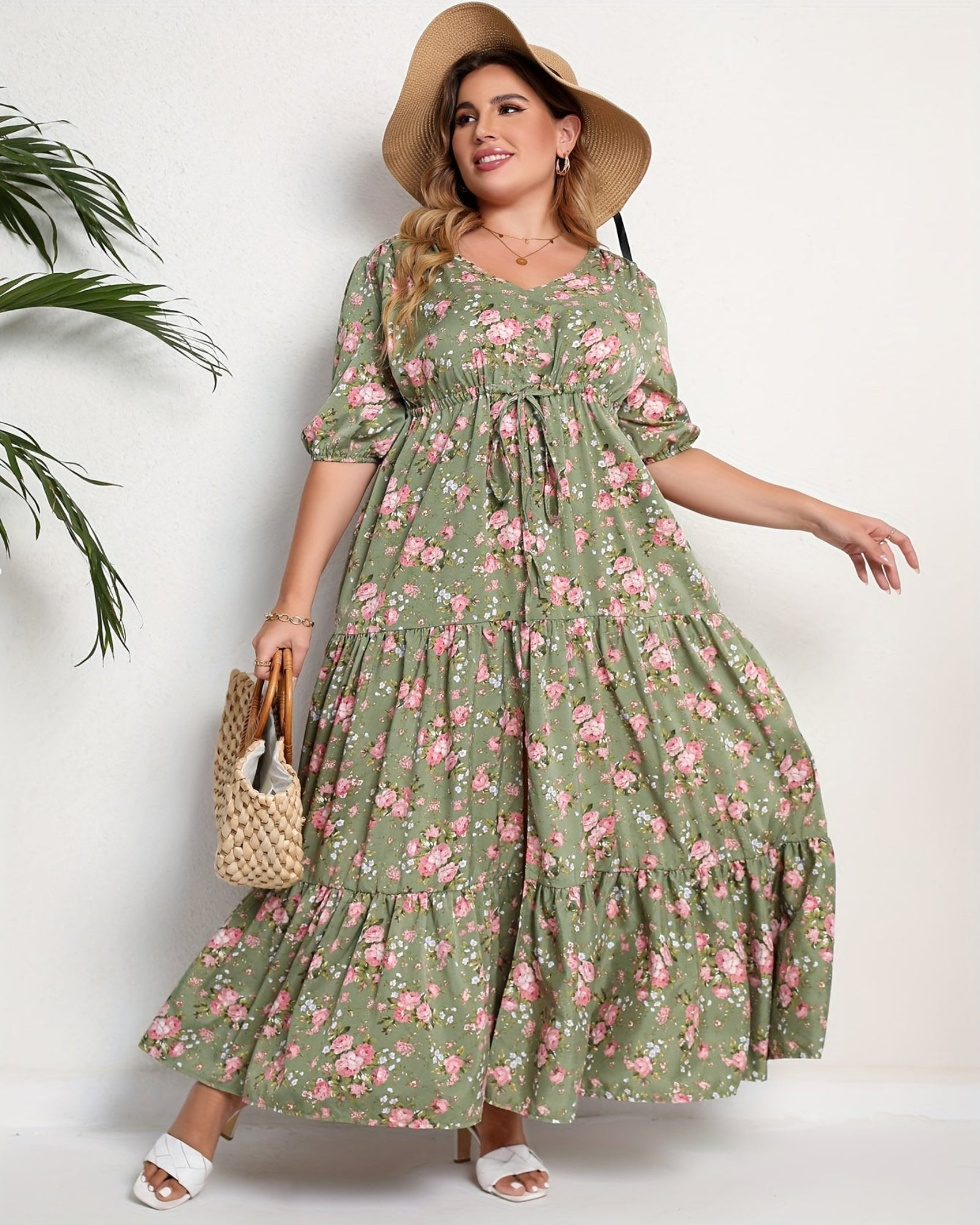 Everly – Plus Size Boho Floral V Neck Tiered Dress - Dress - Boho Style
