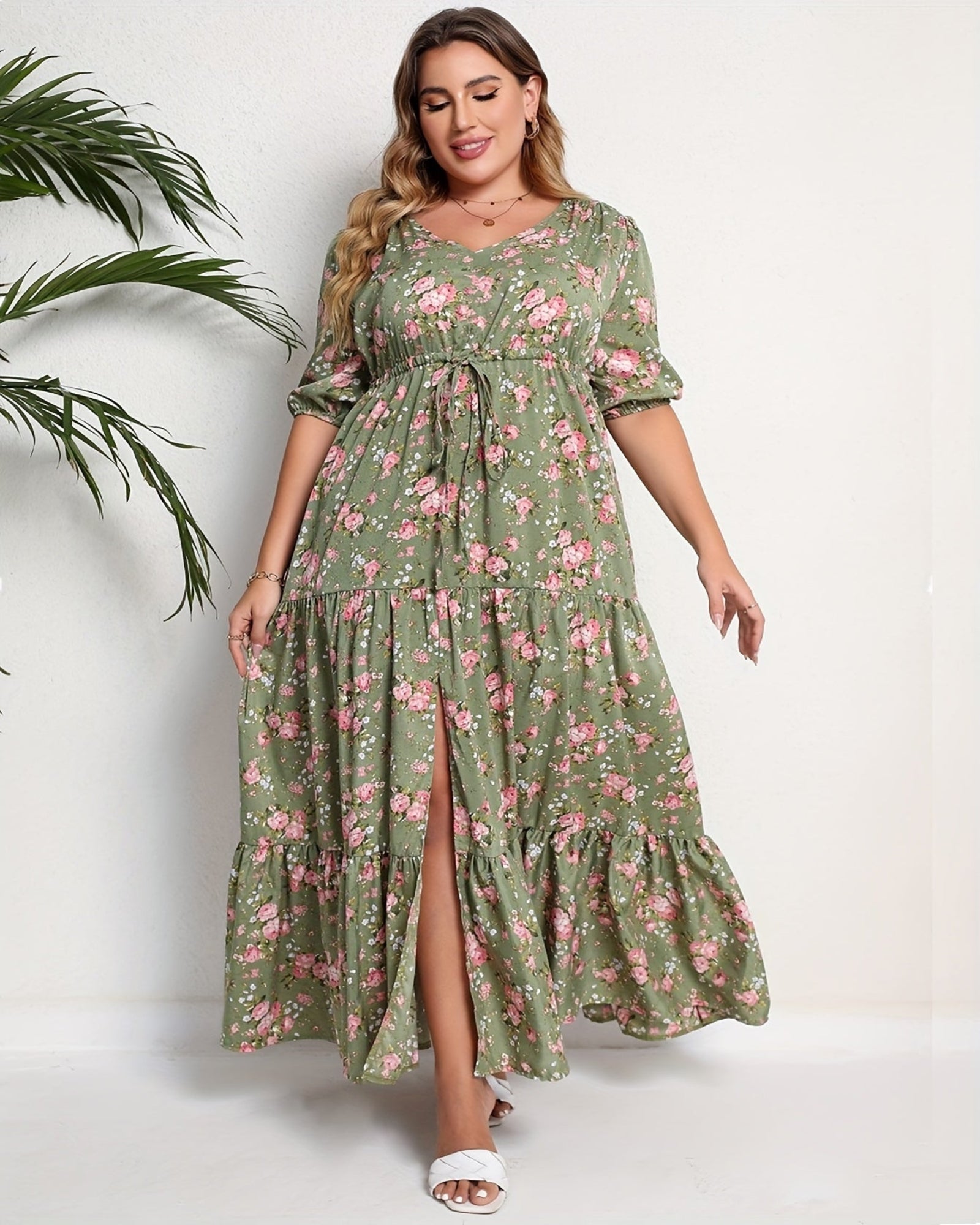 Everly – Plus Size Boho Floral V Neck Tiered Dress - Dress - Boho Style