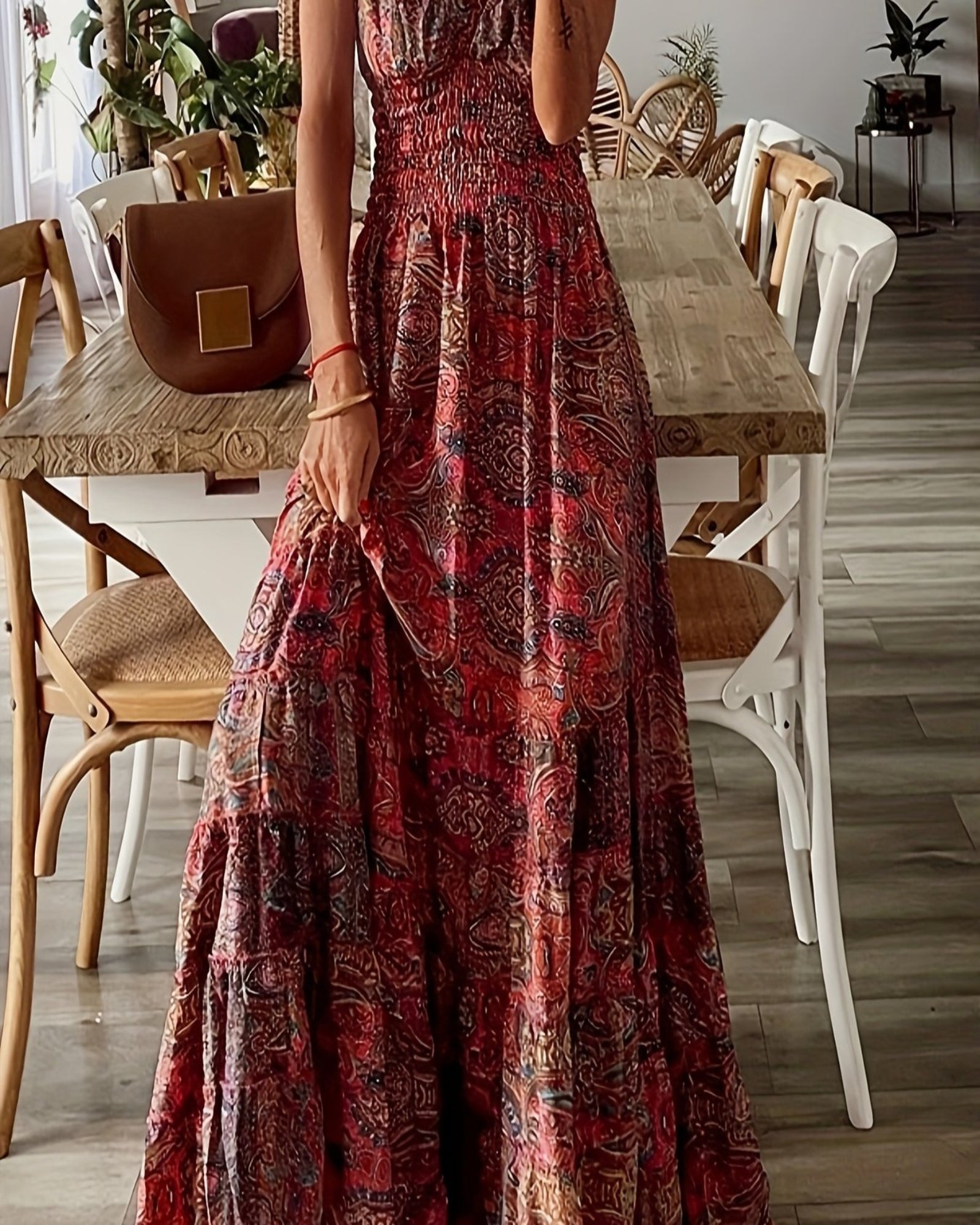 Evra – Flowing Paisley V - Neck Maxi Dress with Ruched Trim - Dress - Boho Style