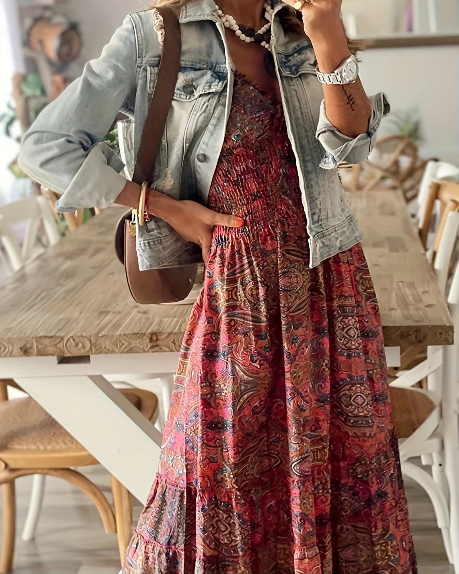 Evra – Flowing Paisley V - Neck Maxi Dress with Ruched Trim - Dress - Boho Style