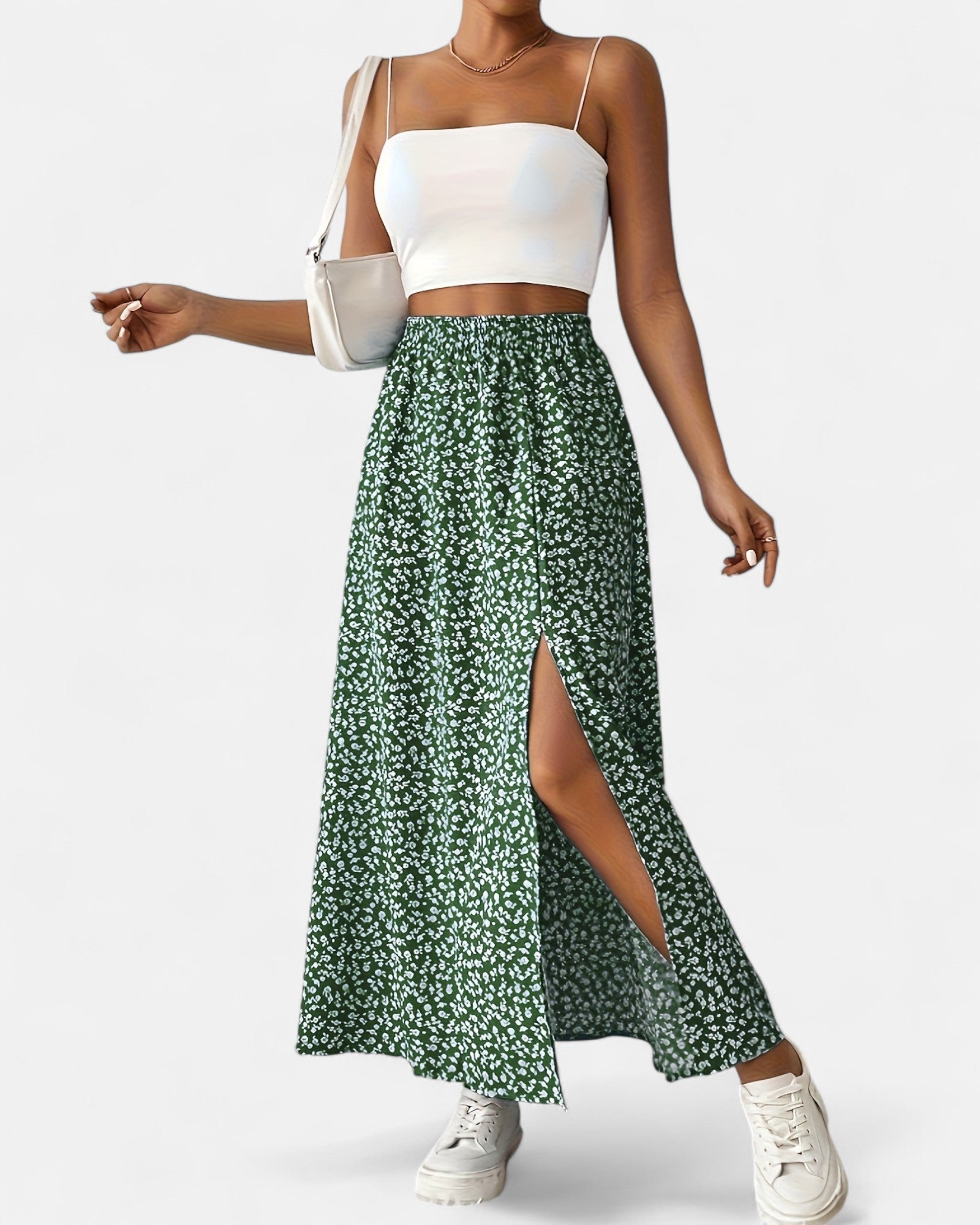 Evra – High - Waisted Green Floral Maxi Skirt with Slit - Skirt - Boho Style