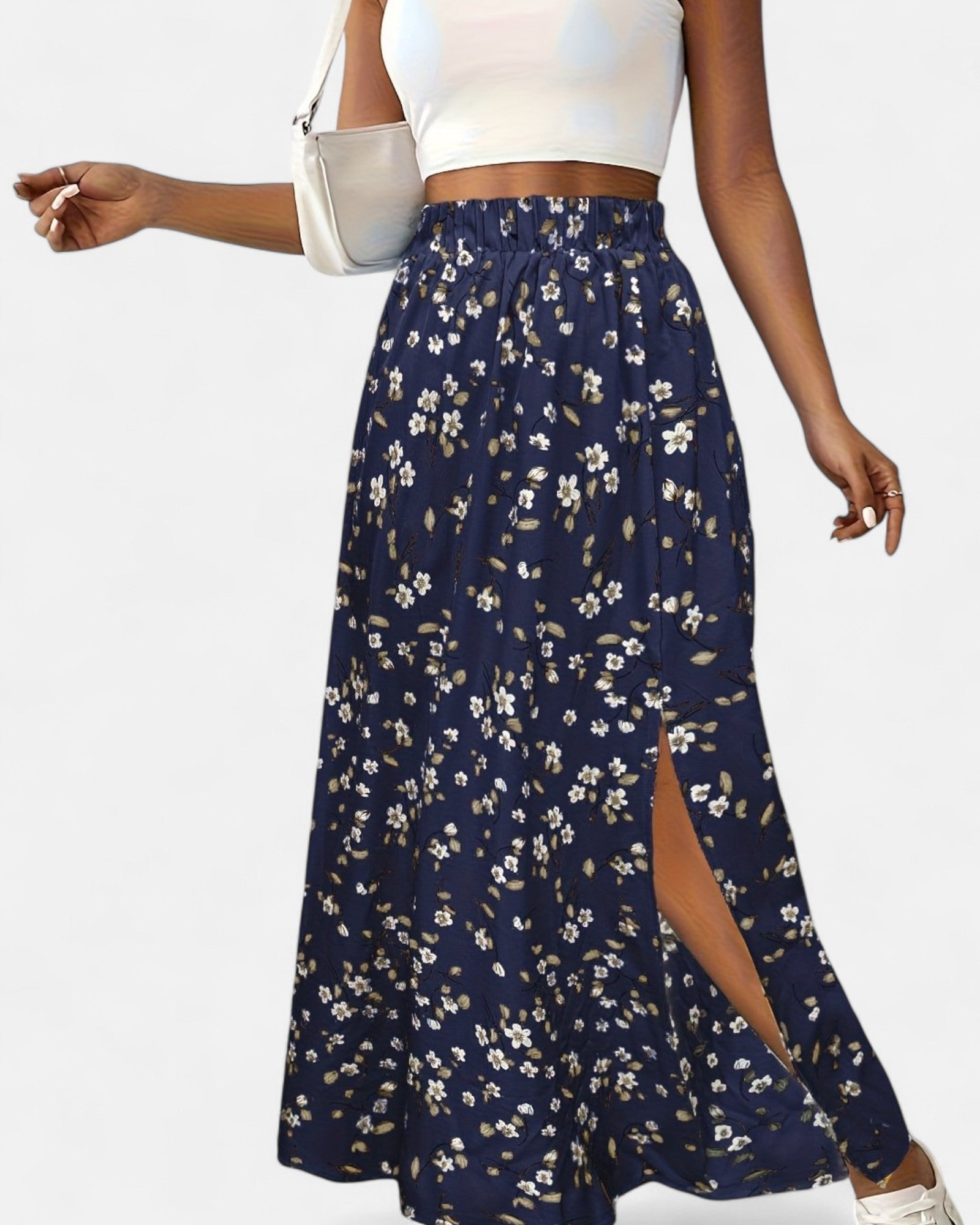 Evra – High - Waisted Green Floral Maxi Skirt with Slit - Skirt - Boho Style
