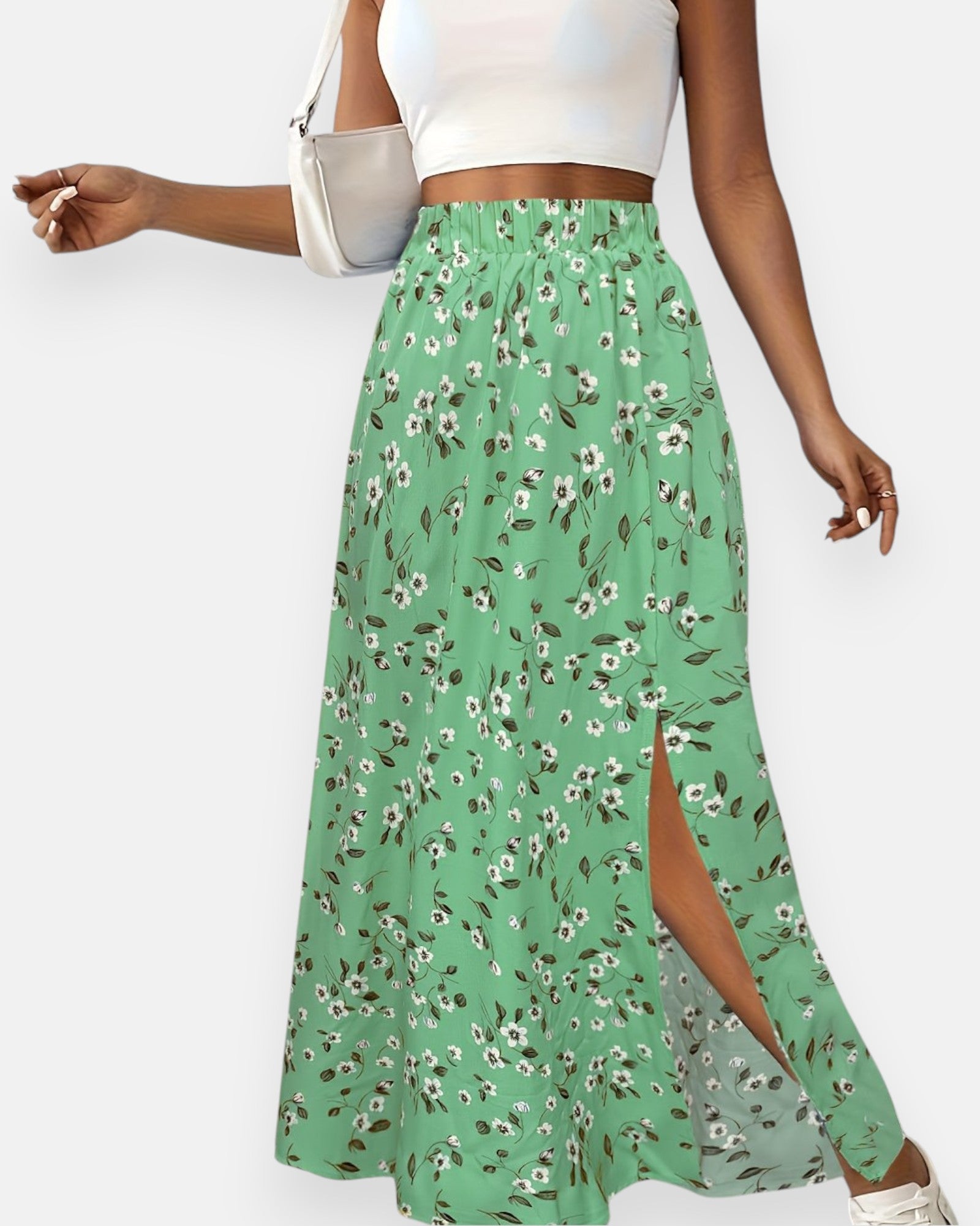 Evra – High - Waisted Green Floral Maxi Skirt with Slit - Skirt - Boho Style