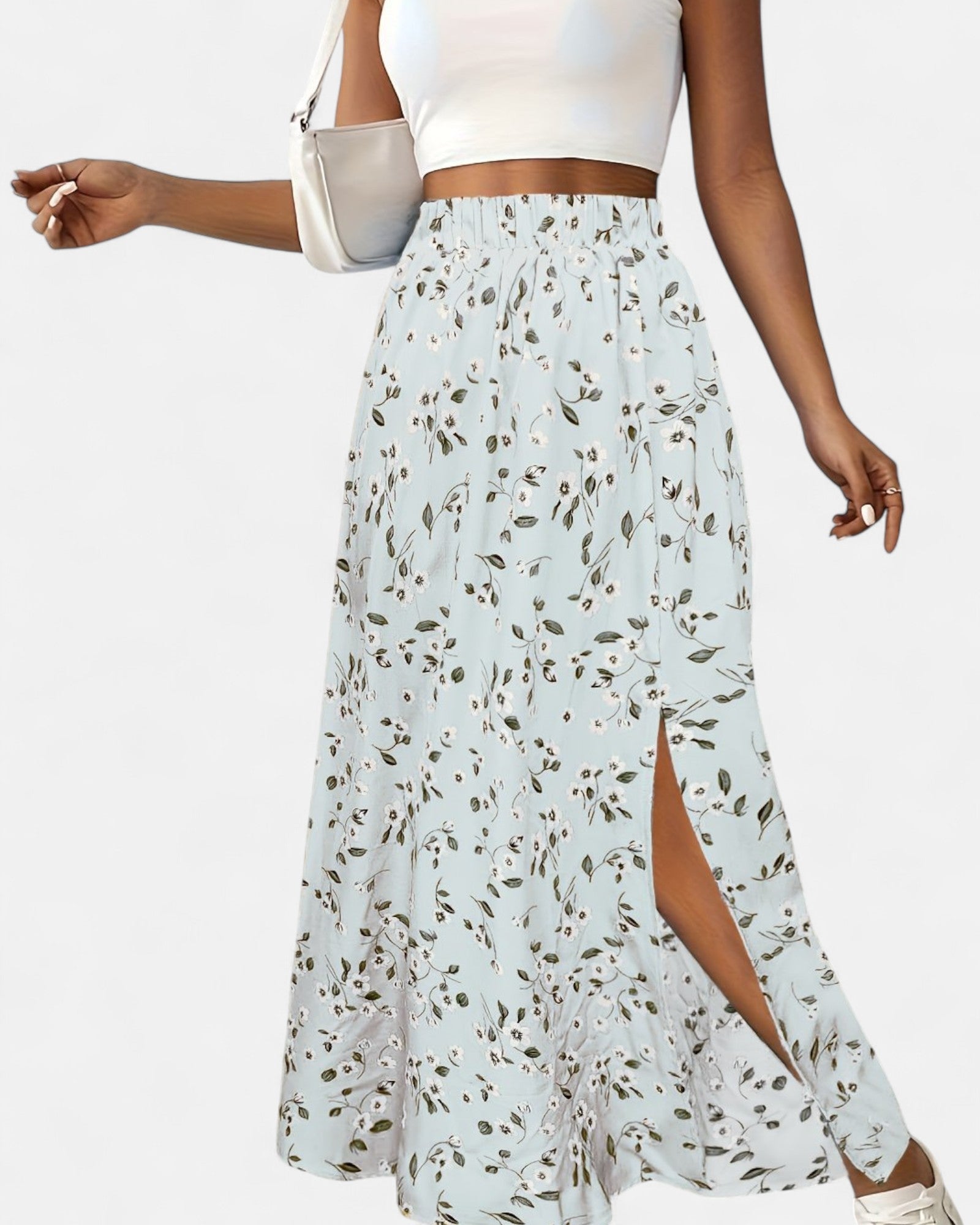 Evra – High - Waisted Green Floral Maxi Skirt with Slit - Skirt - Boho Style