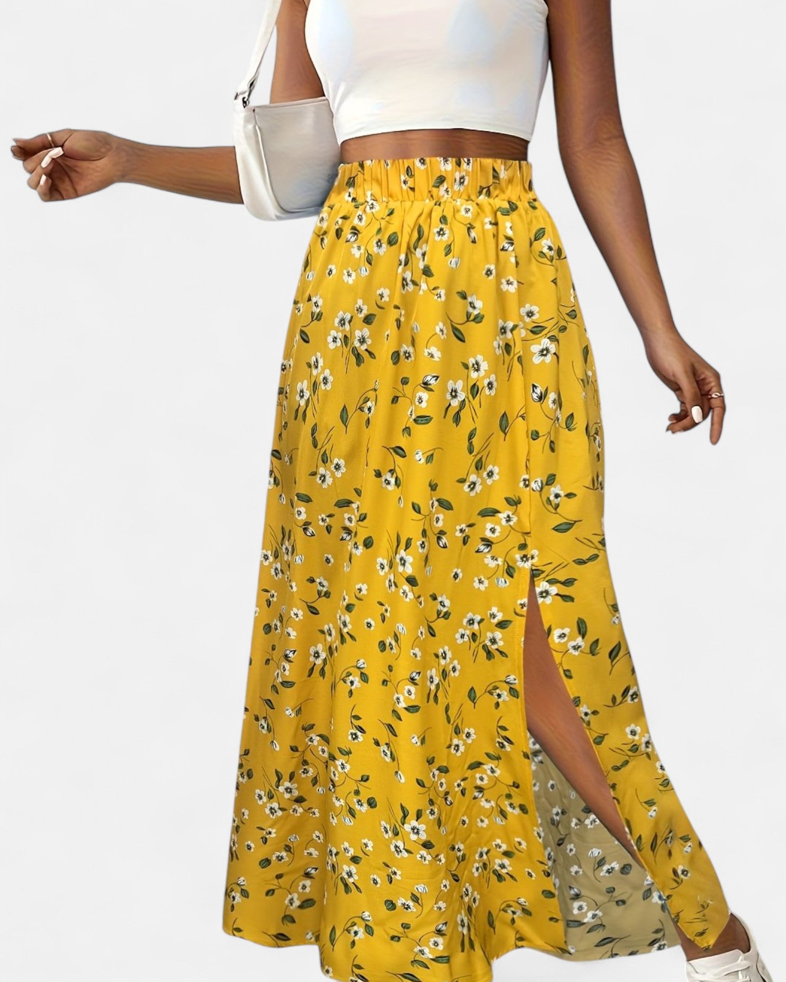 Evra – High - Waisted Green Floral Maxi Skirt with Slit - Skirt - Boho Style