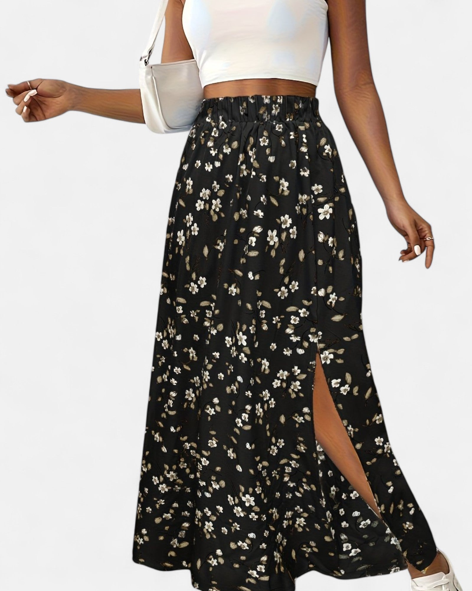 Evra – High - Waisted Green Floral Maxi Skirt with Slit - Skirt - Boho Style