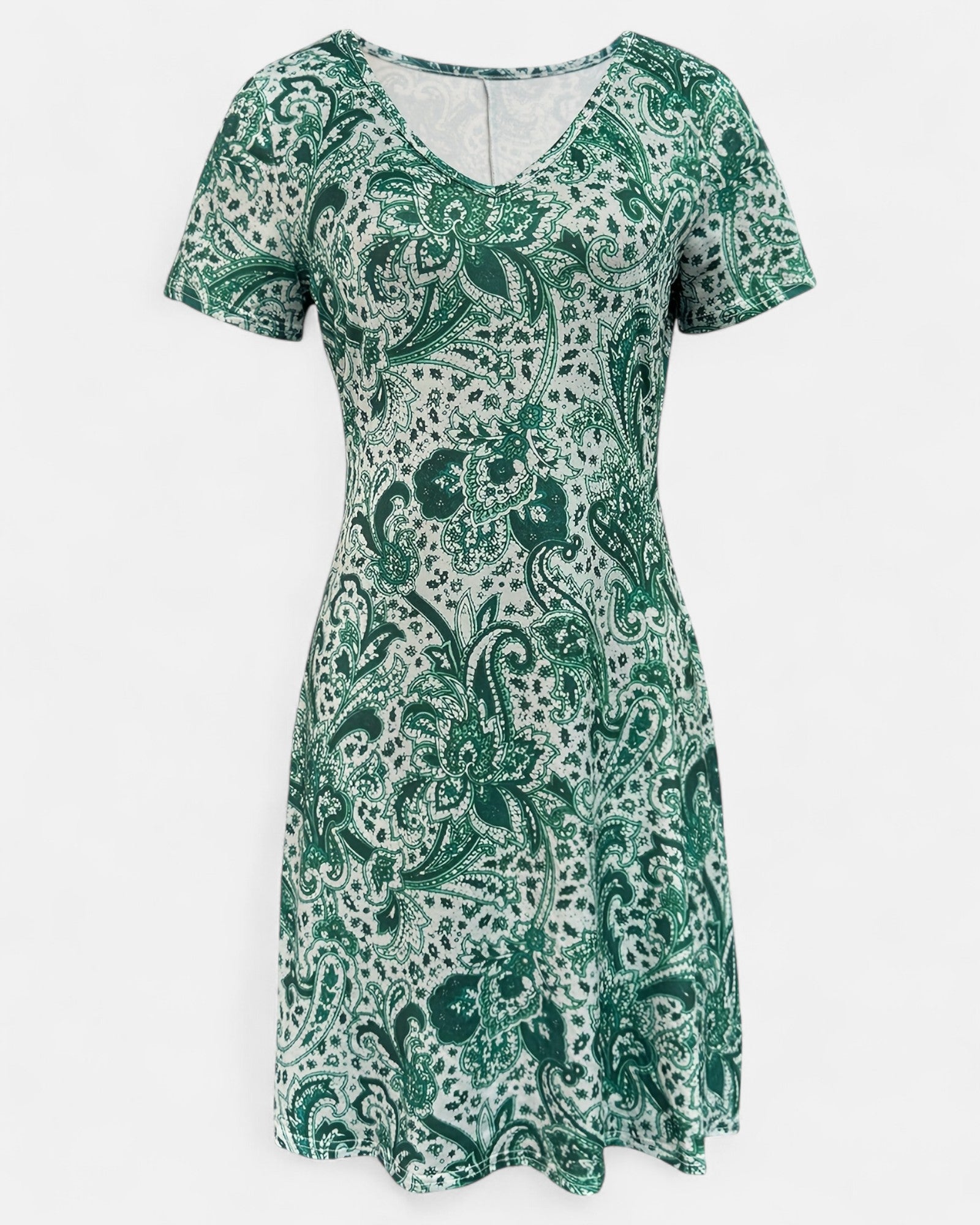 Haisley – Relaxed V - Neck Paisley Boho Dress with Elastic Waist - Dress - Boho Style
