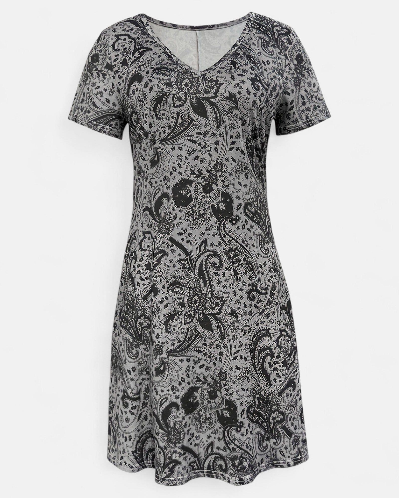 Haisley – Relaxed V - Neck Paisley Boho Dress with Elastic Waist - Dress - Boho Style